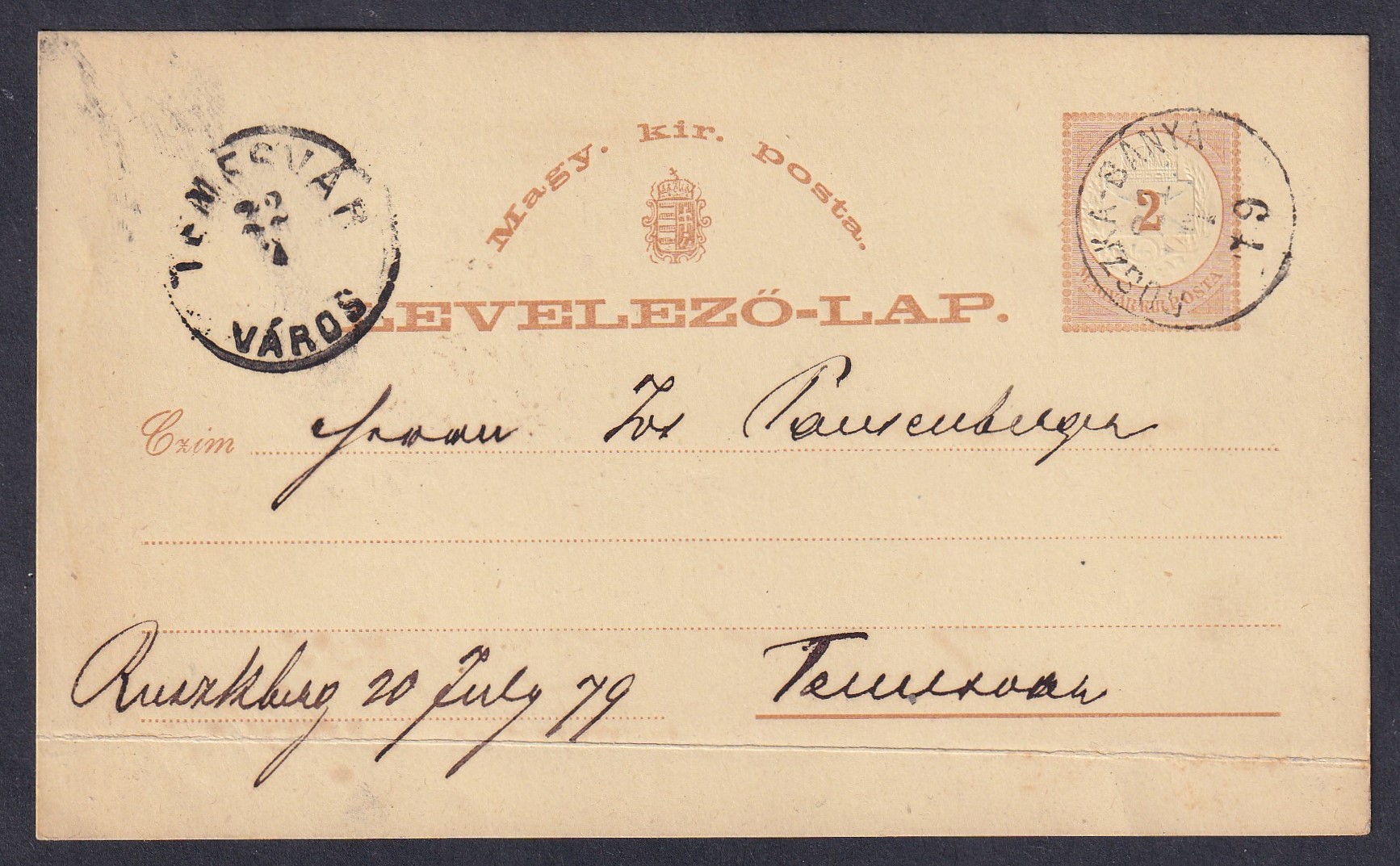 1879. RUSZKA-BÁNYA, Temesvárra feladott levelezőlap