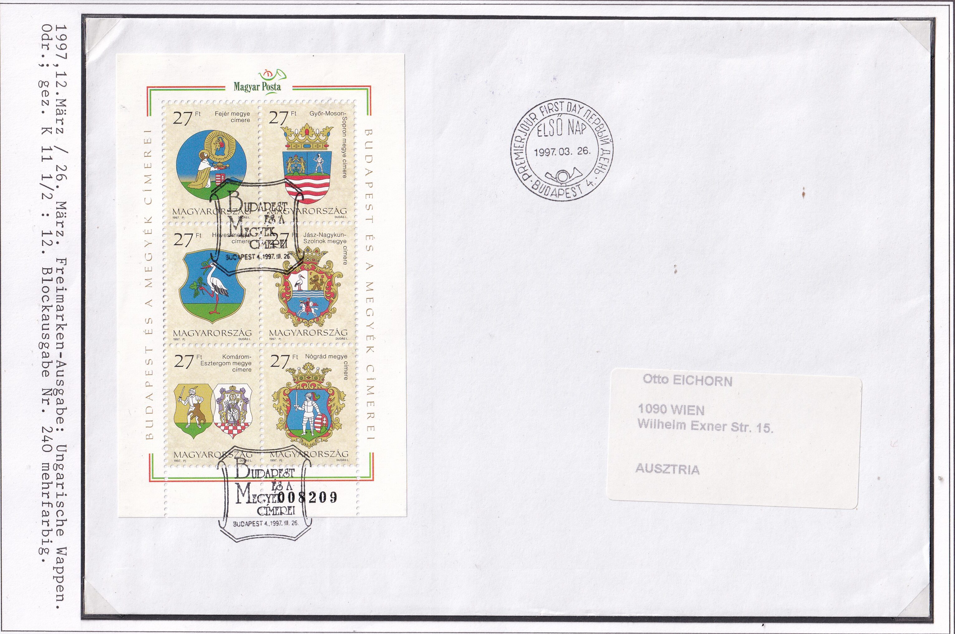 1997. Budapest és megyék címerei gyűjtemény, köztük a kisívek ritka FDC változataival