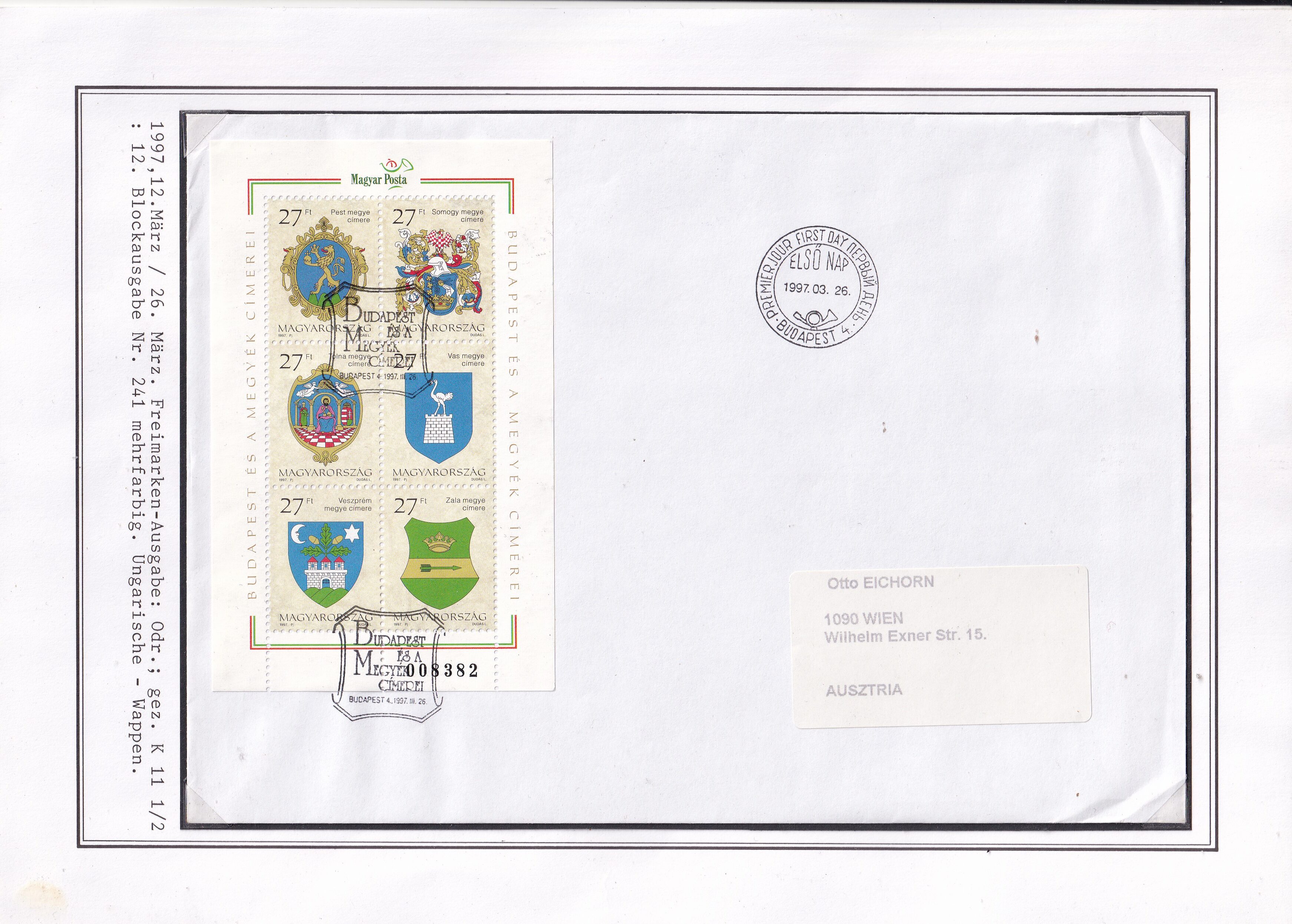 1997. Budapest és megyék címerei gyűjtemény, köztük a kisívek ritka FDC változataival