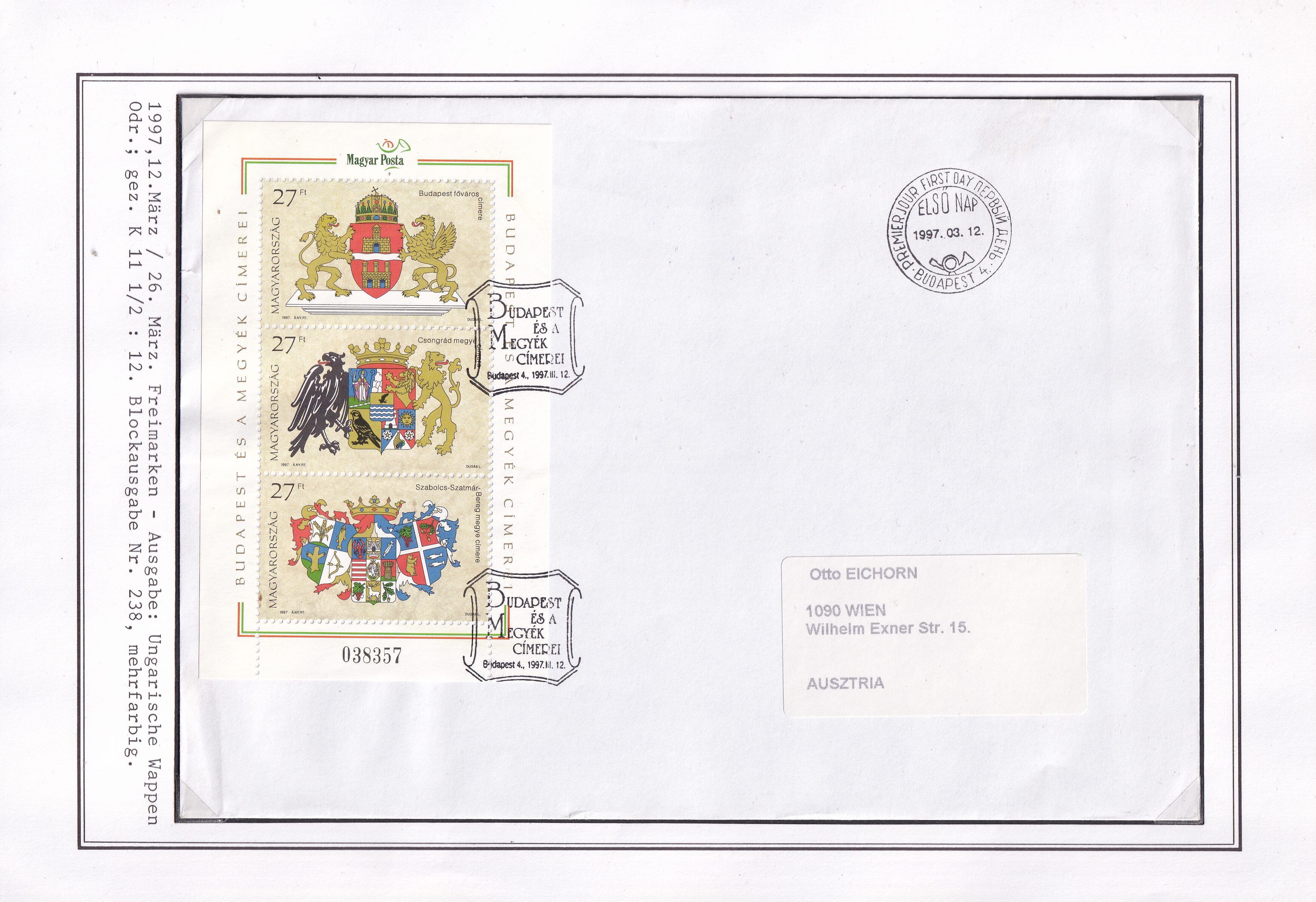 1997. Budapest és megyék címerei gyűjtemény, köztük a kisívek ritka FDC változataival