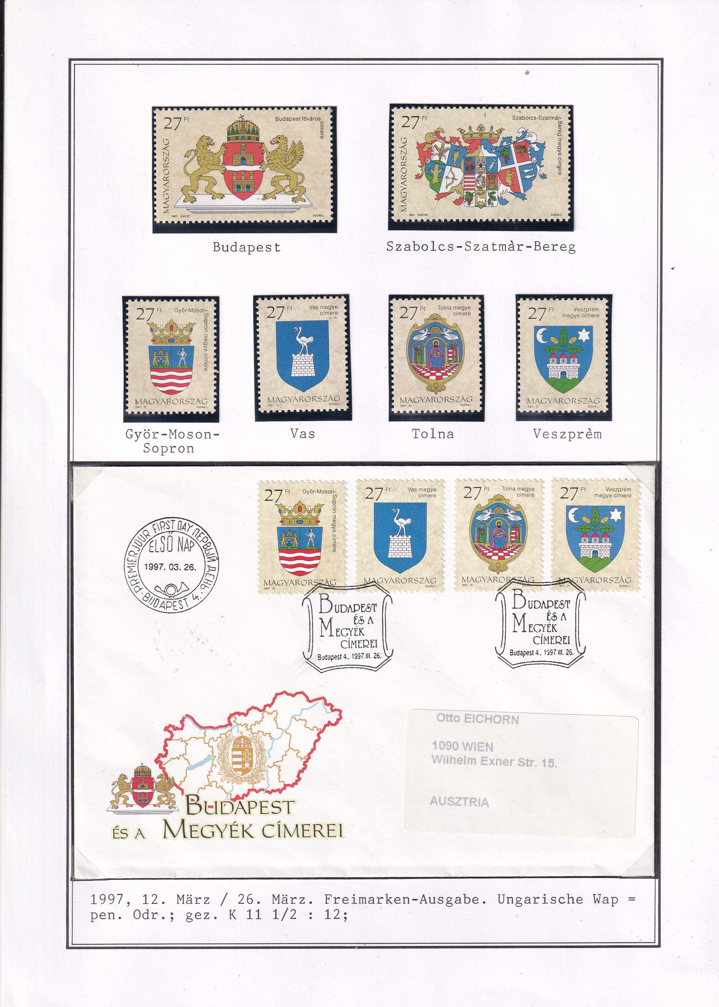 1997. Budapest és megyék címerei gyűjtemény, köztük a kisívek ritka FDC változataival