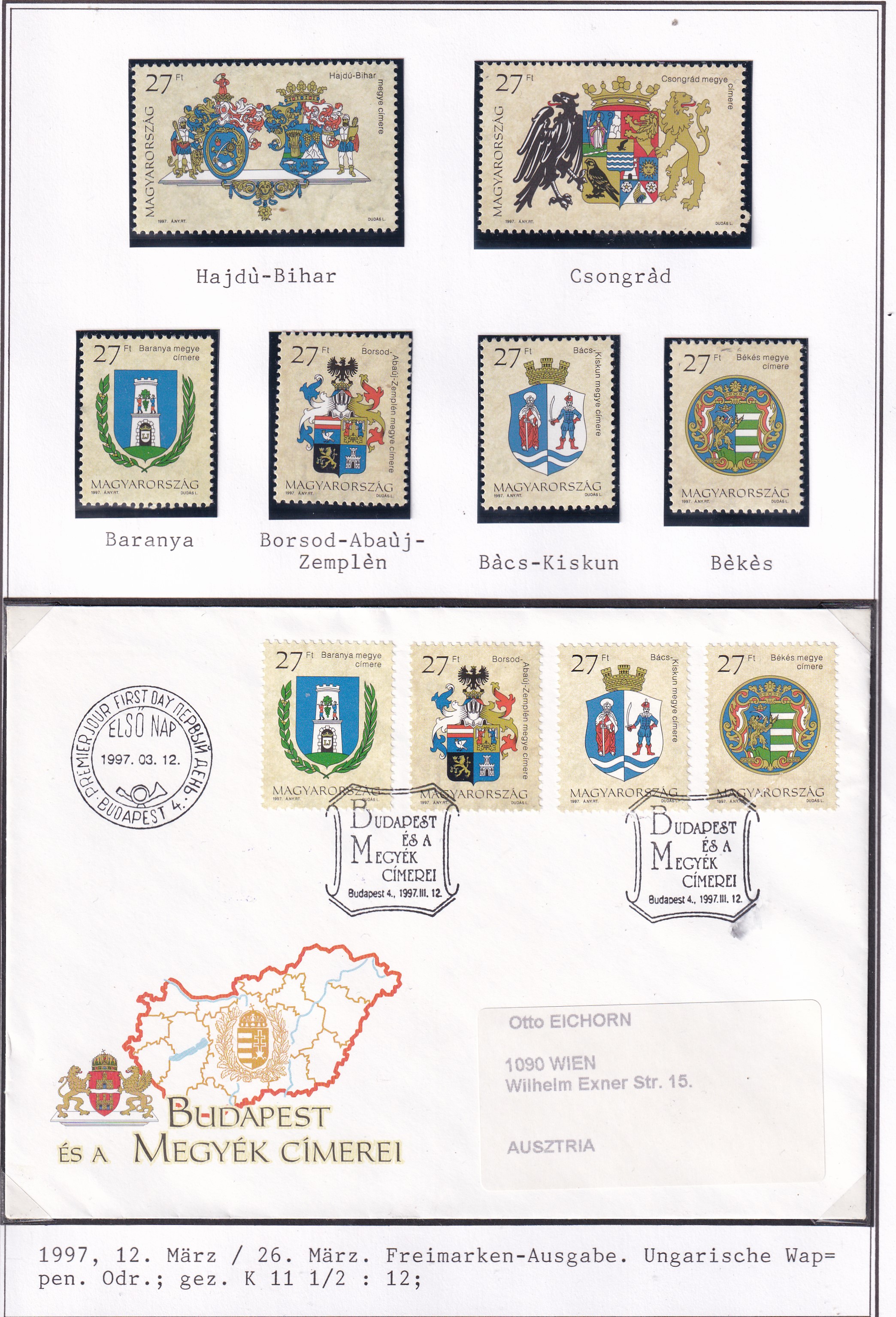 1997. Budapest és megyék címerei gyűjtemény, köztük a kisívek ritka FDC változataival