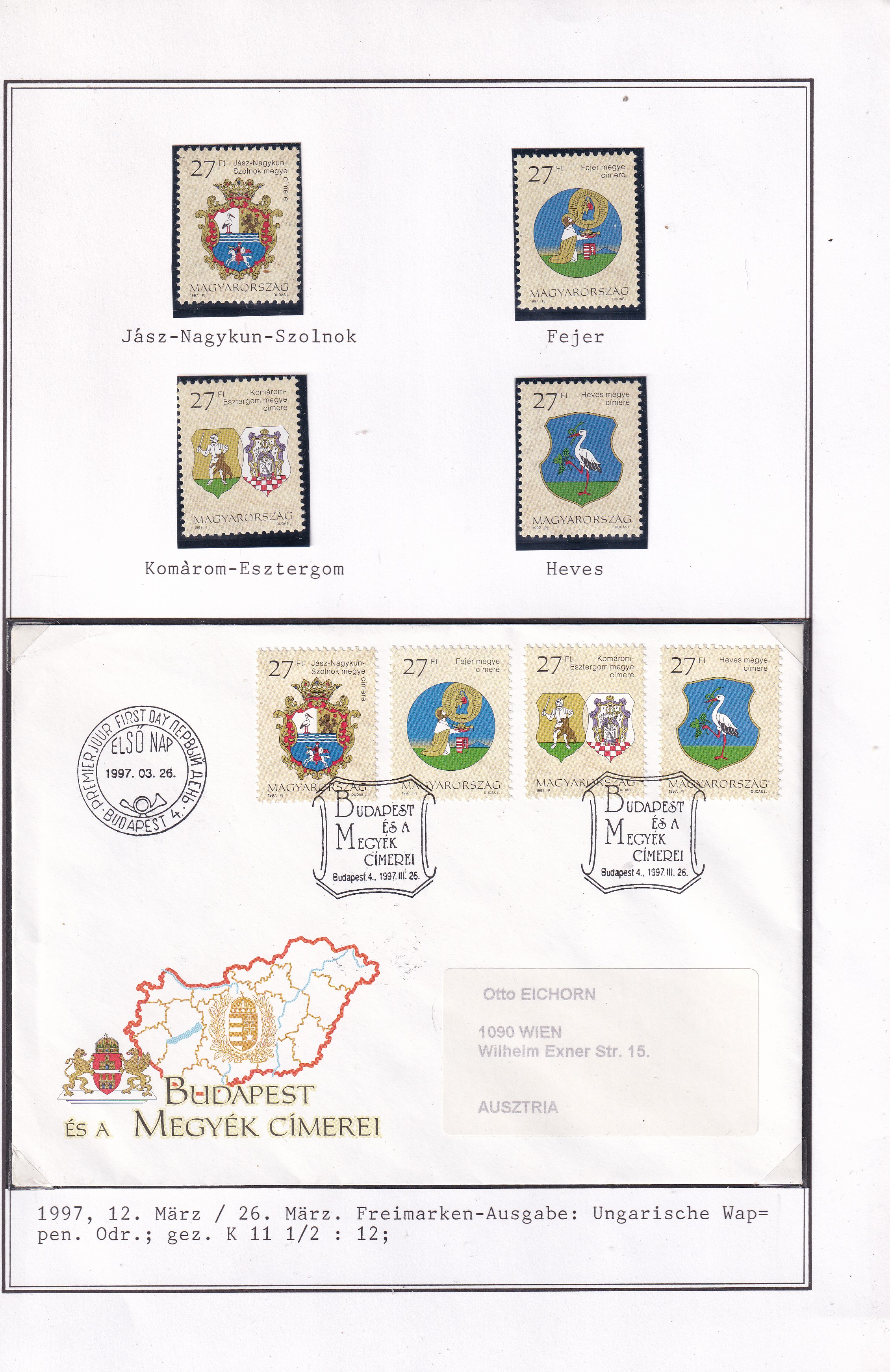 1997. Budapest és megyék címerei gyűjtemény, köztük a kisívek ritka FDC változataival