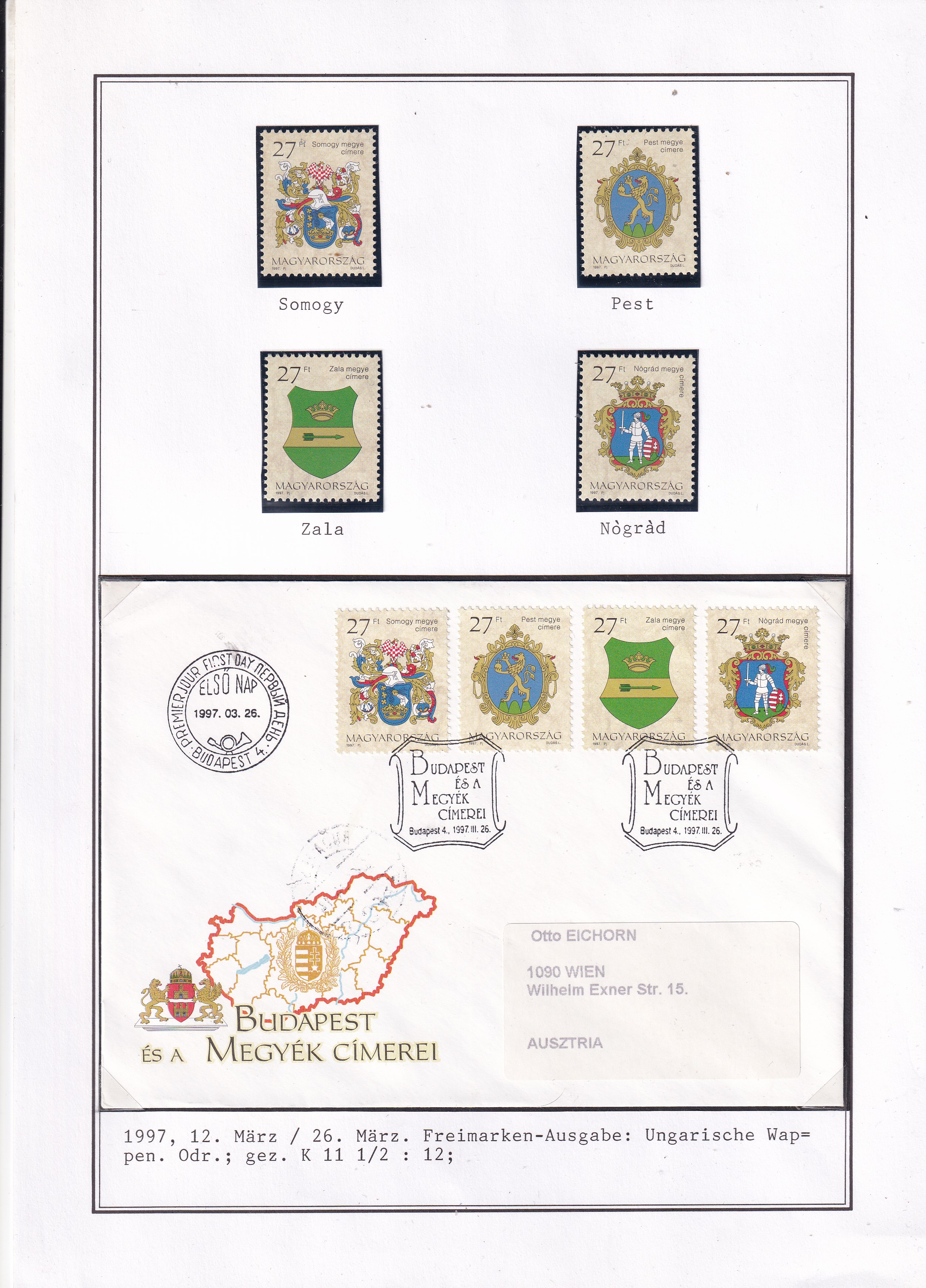 1997. Budapest és megyék címerei gyűjtemény, köztük a kisívek ritka FDC változataival