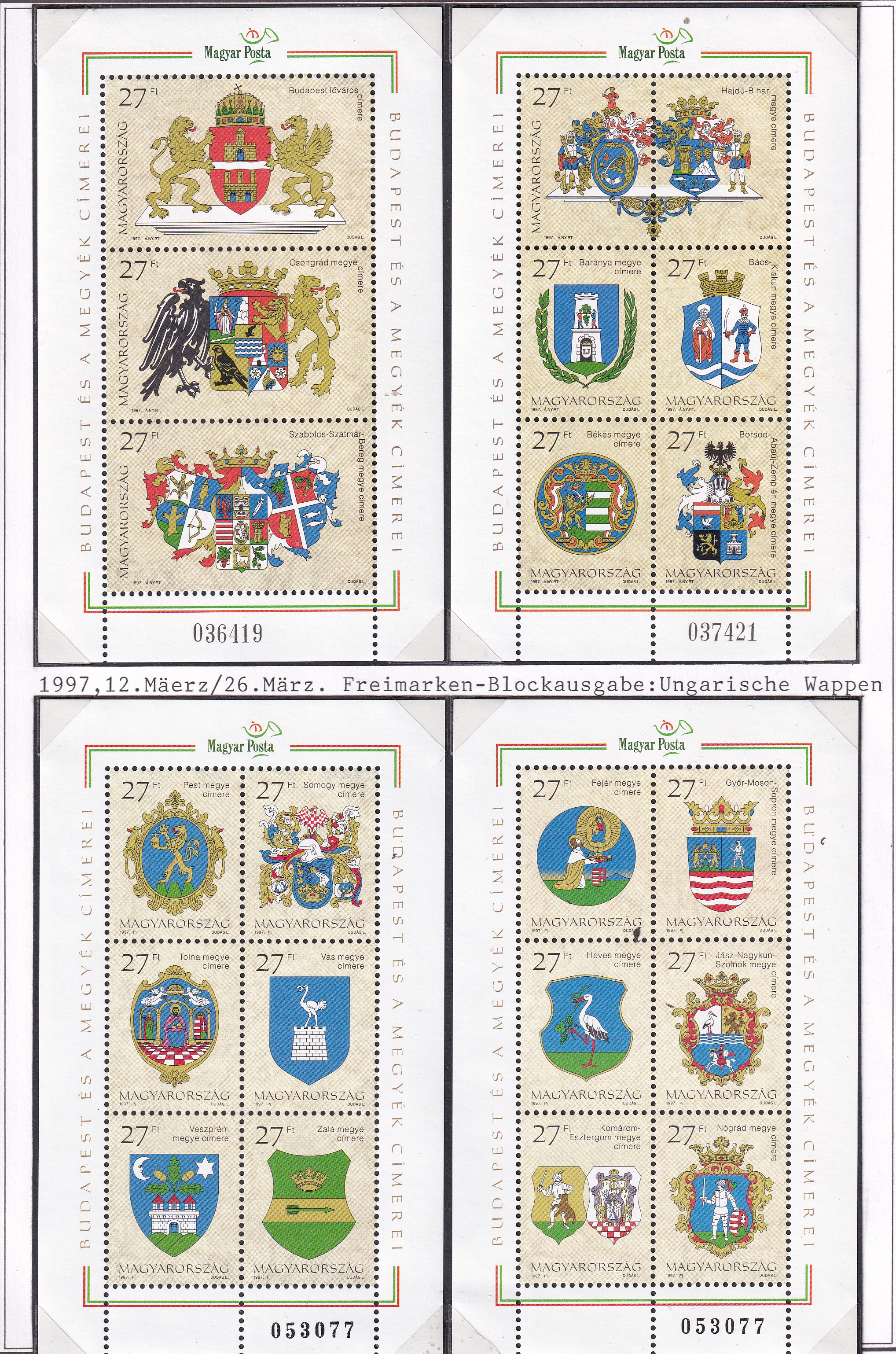 1997. Budapest és megyék címerei gyűjtemény, köztük a kisívek ritka FDC változataival