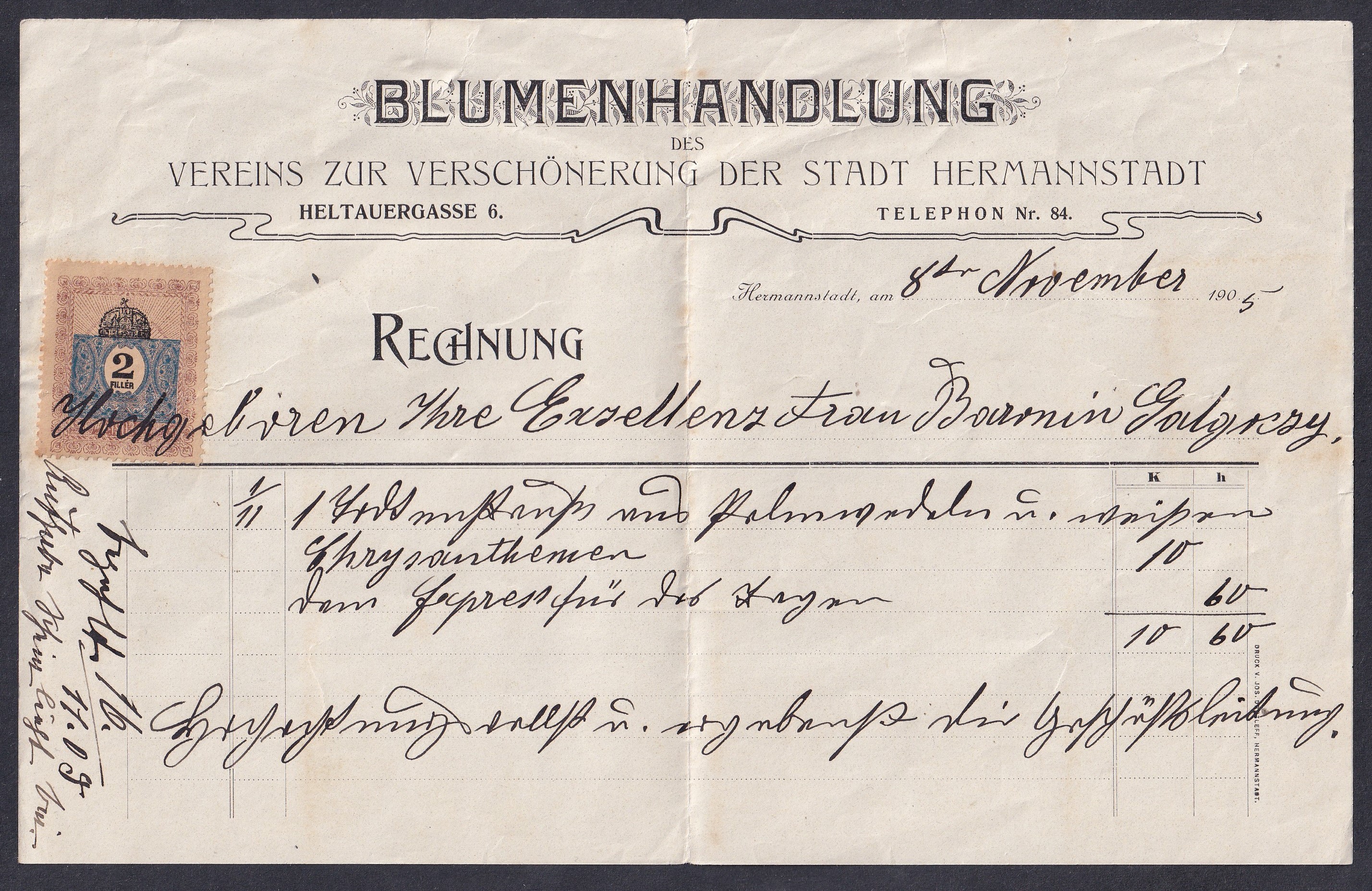 IMG_20260520_0020 1905. Hermannstadt (Nagyszeben / Sibiu) „Blumenhandlung des Vereins zur Verschönerung der Stadt Hermannstadt” - A Nagyszeben város szépítésére alakult egyesület virágüzlete díszes számla, filléres illetékbélyeggel