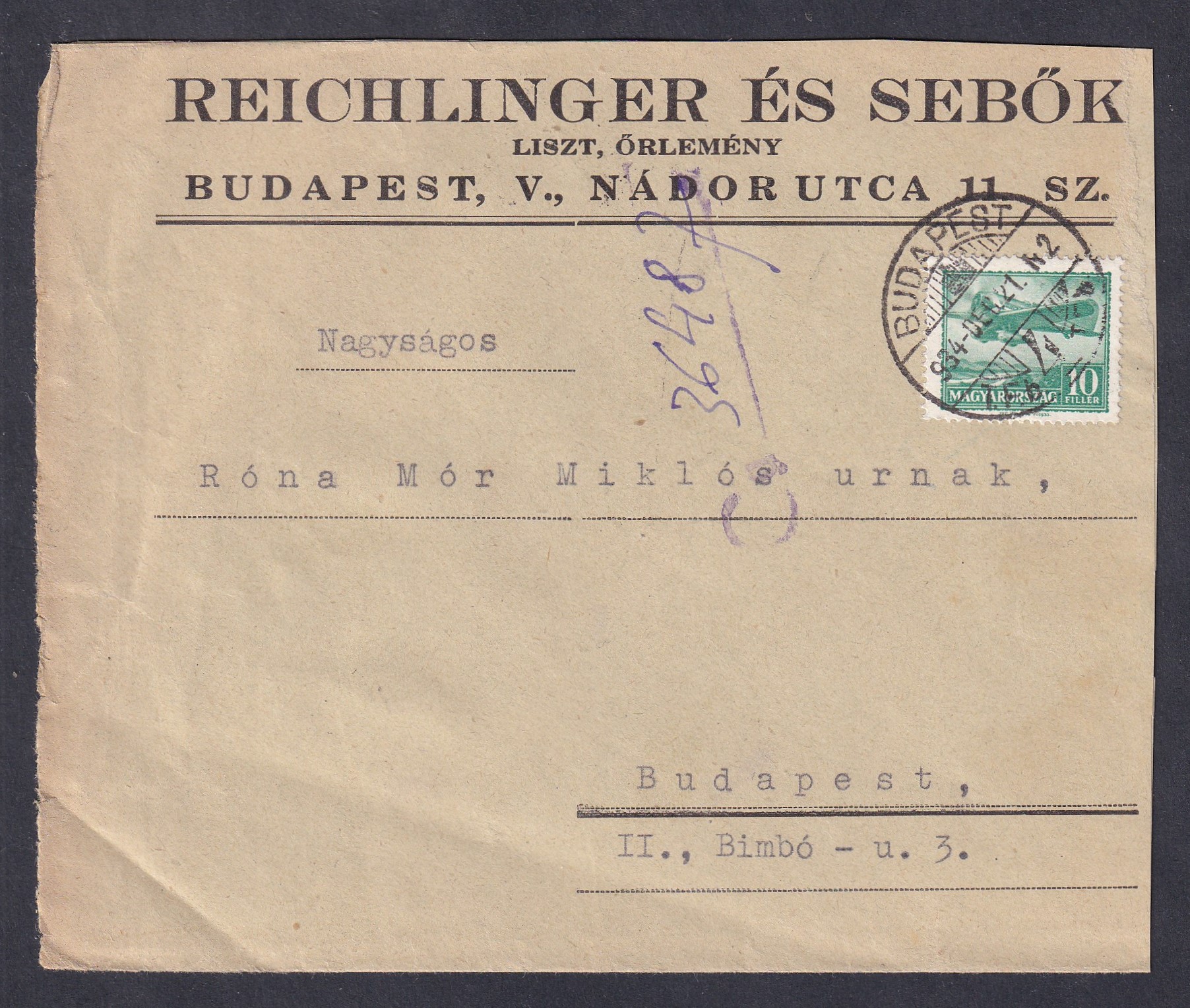 IMG_20260521_0028 1934. Budapest, helyben feladott levél - (1933. Repüpő) 10f bélyeggel bérmentesítve