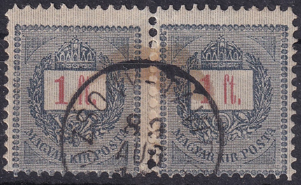 1888. /sztereotip/ 1Ft pár – „POZSONY–TÁVIRDA” olajos bélyegzéssel, a lenyomat körül jól megfigyelhető, jellegzetes olajos udvarral.