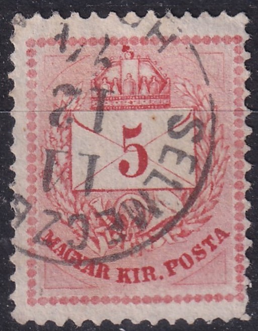 IMG_20260522_0019.12 1874 I. 5kr – durván utánmetszett lemezről, keskenyre fogazva. Az I. típus látványosan eltérő méretű darabjai nagyon ritkák!