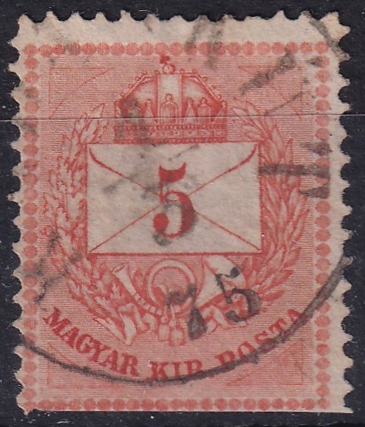 IMG_20260522_0019.9 1874 I. 5kr téglavörös – durván utánmetszett lemezről, keskenyre fogazva, alul ollóval vágott