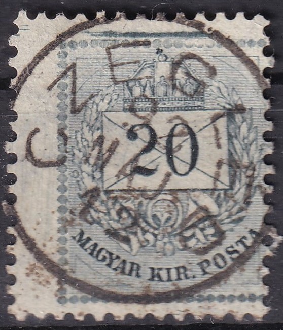 1881. 20kr /E/ – fésűs fogazással, látványos varratfolttal és jelentősen elcsúszott fogazással az ív széléről.       Rendkívüli darab!