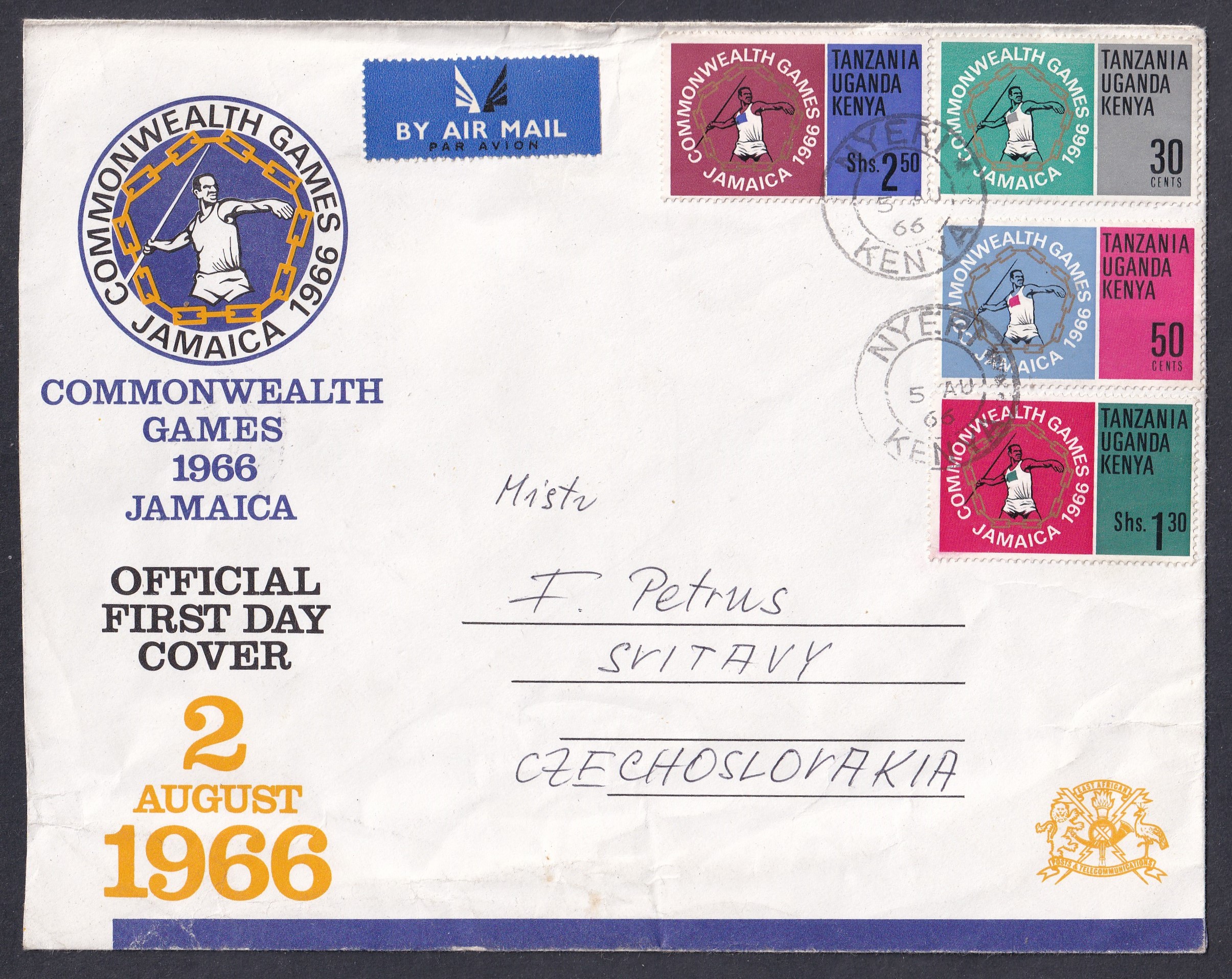 IMG_20260524_0002 1966. Jamaika, Tanzánia-Uganda-Kenya Nemzeti játékok FDC, Csehszlovákiába feladott légiposta levélként