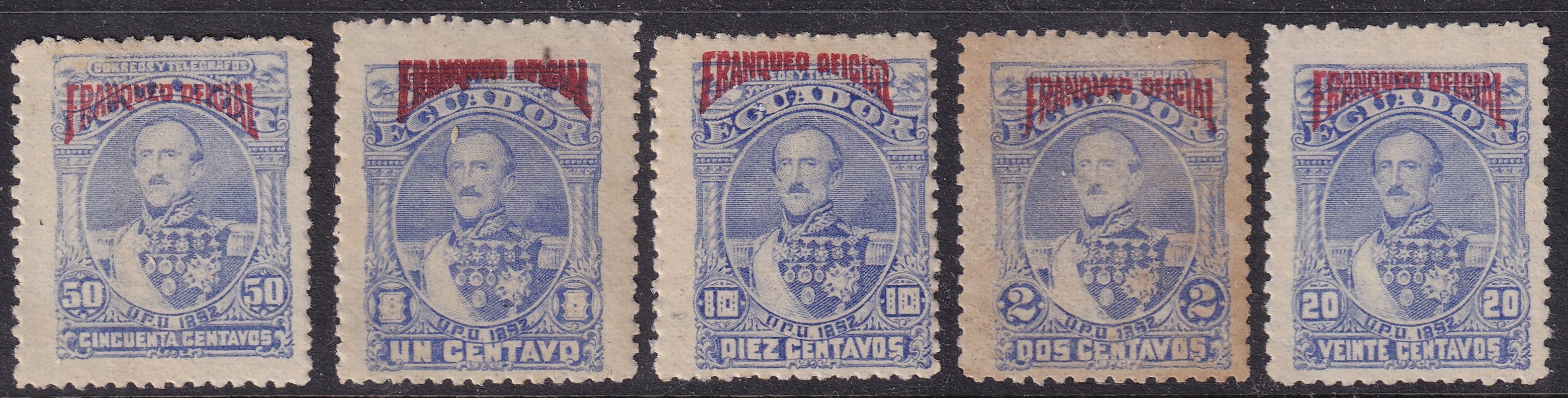 IMG_20260524_0008.4 1892. Ecuador, 5 db-os Hivatalos felülnyomat - használatlan bélyegek (2db postatiszta)