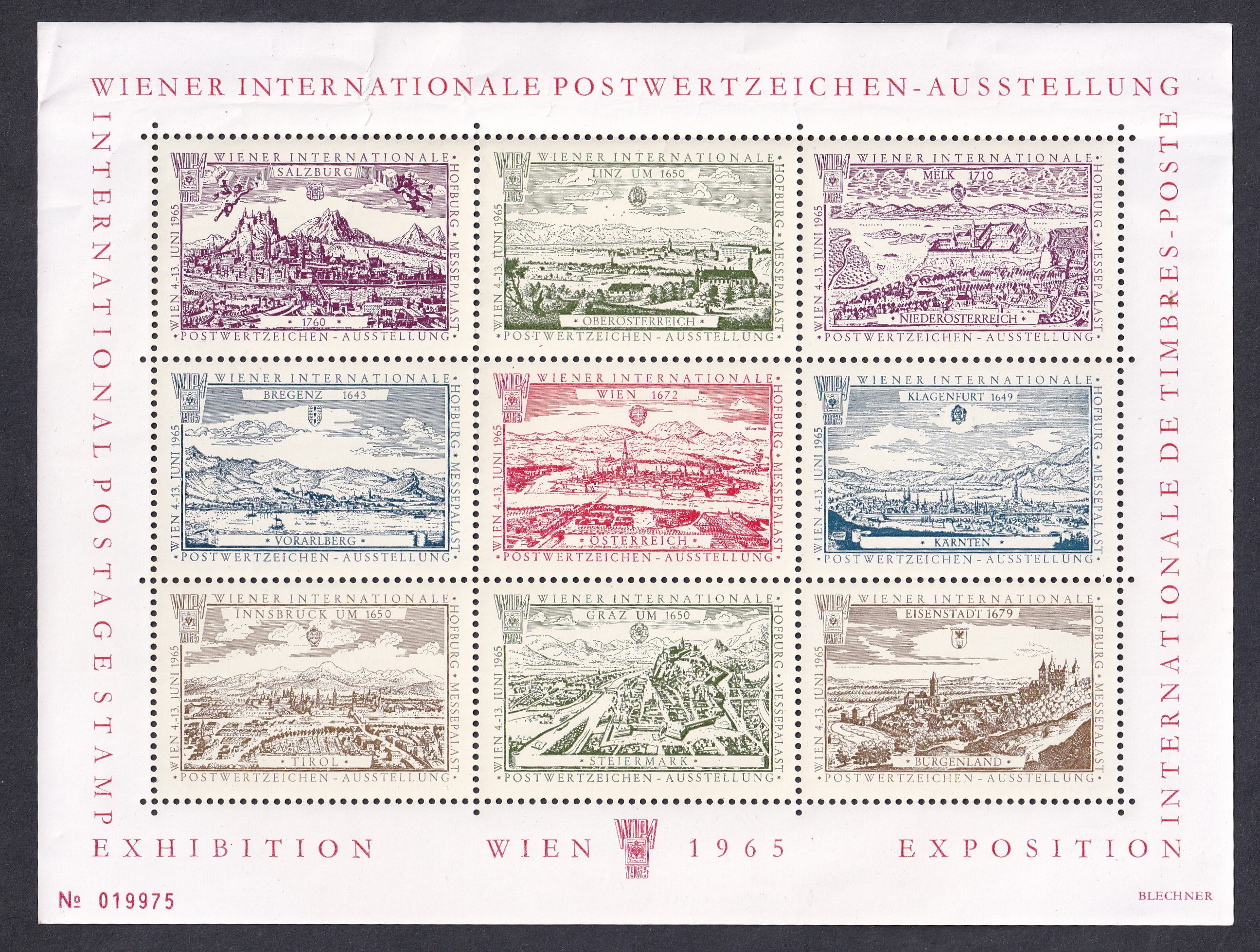 Ausztria – WIPA 1965, Nemzetközi Postabélyeg Kiállítás leválzáró blokk – ritka darab!