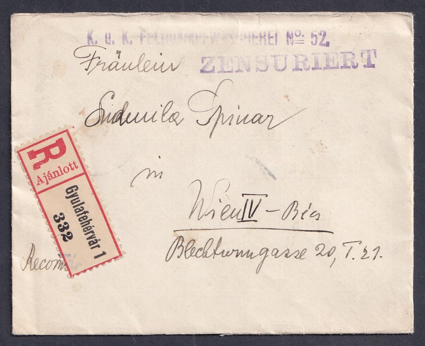 1917. Gyulafehérvár, Bécsbe feladott ajánlott levél