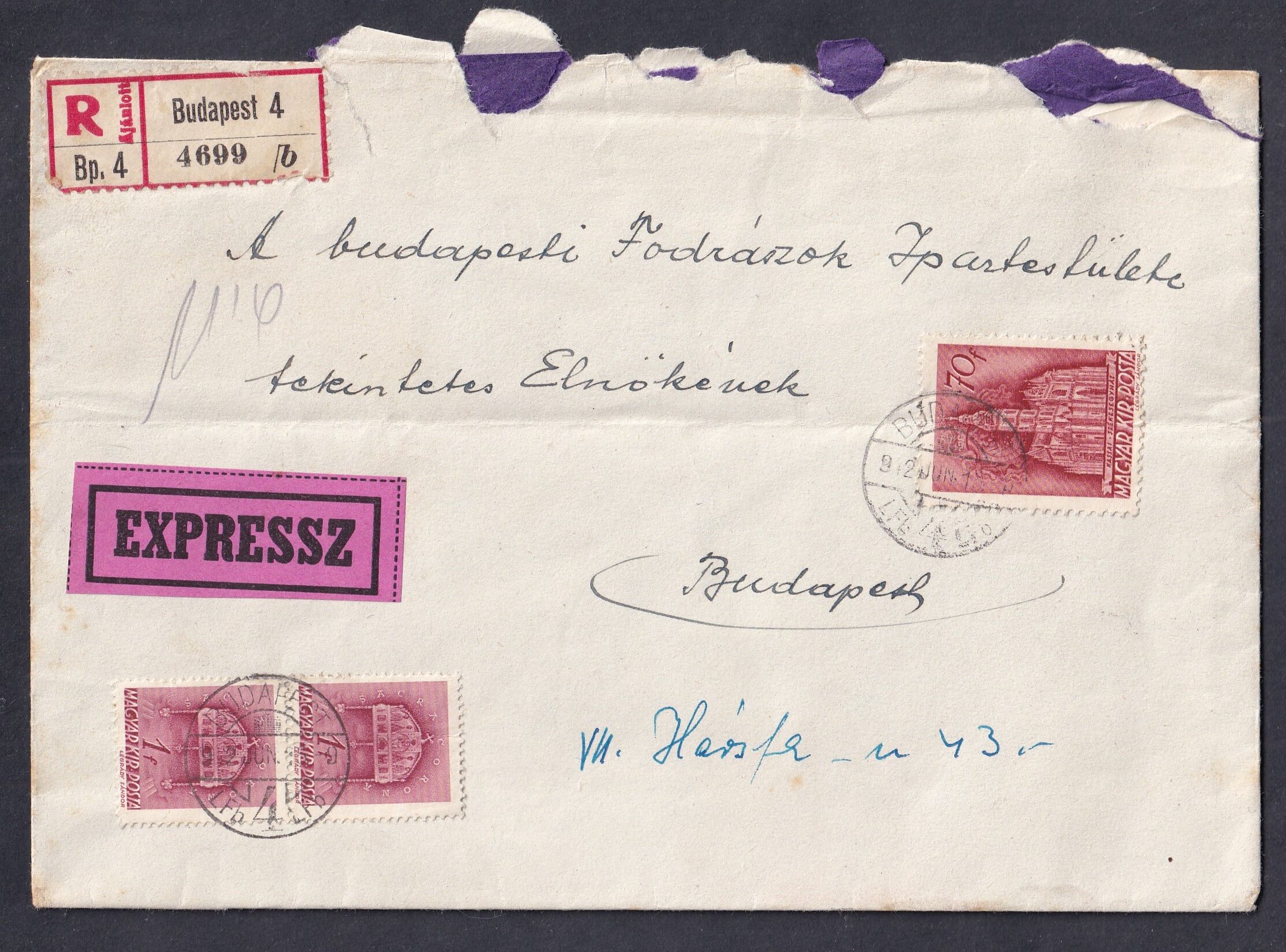 IMG_20260603_0019 1942. Budapest, helyben feladott expressz-ajánlott levél - ritka küldemény típus
