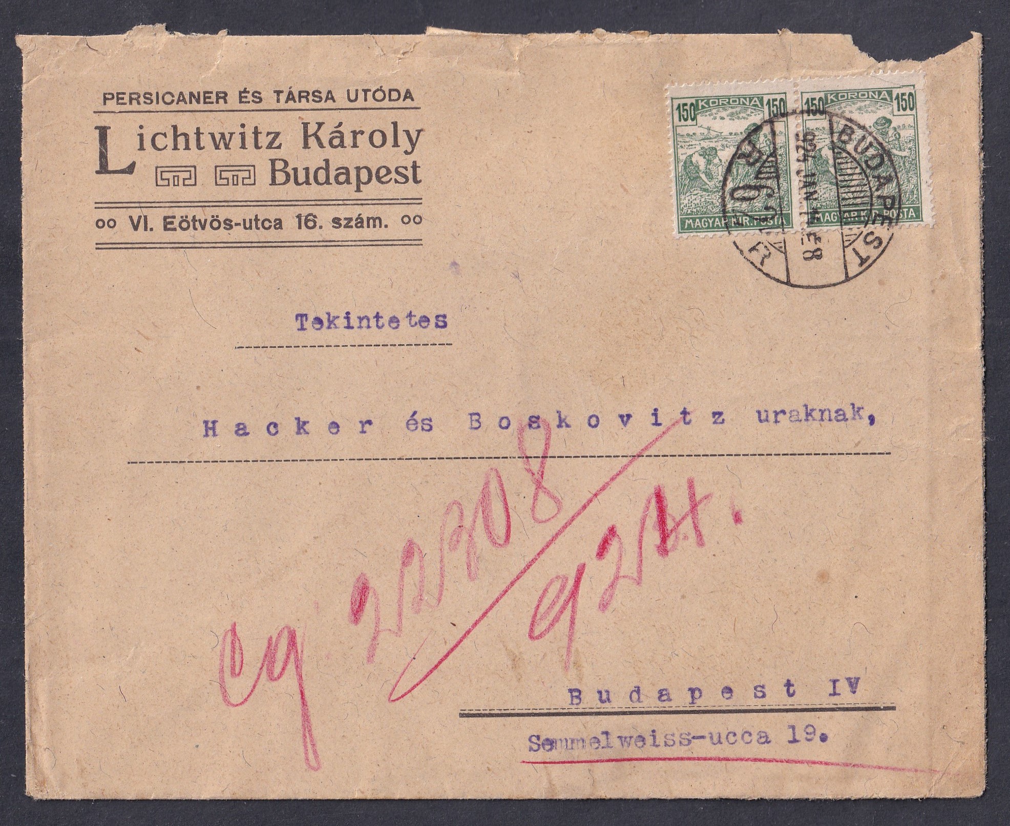 1924. Budapest, helyi elsősúlyfokozatú levél a korona infáció 11. díjszabásában