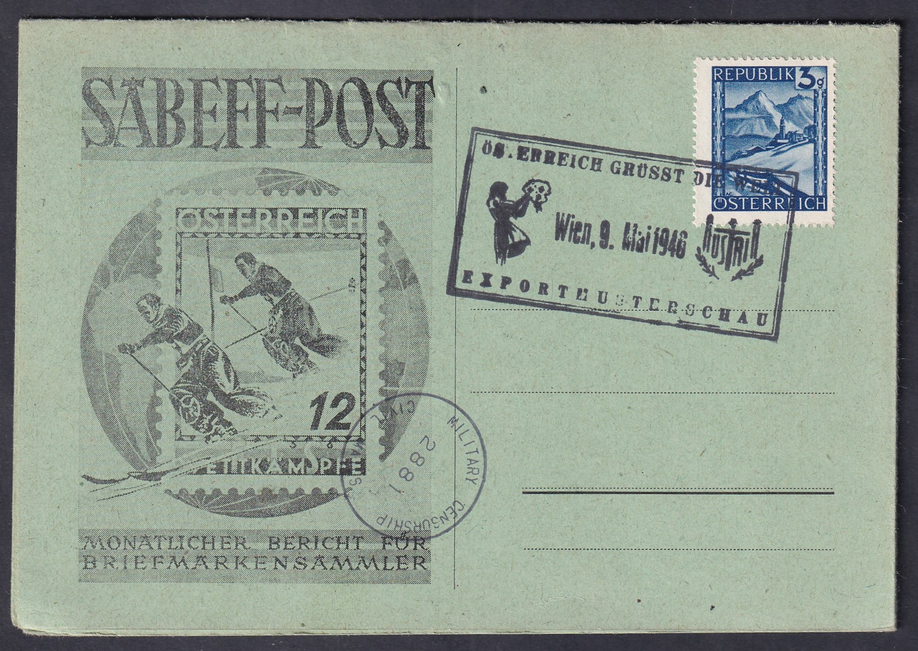 1946. SAEFEF-POST bélyeggyűjtői értesítő és árjegyzék. Bécs, 1946. május 9-i „Österreich grüßt die Exportmusterschau” reklámbélyegzéssel, osztrák 3 schillinges bérmentesítéssel és katonai cenzúrabélyegzővel. A borító grafikáját az osztrák 12 groschenes síelő bélyeg felnagyított ábrázolása díszíti. A melléklet több európai ország 1945–1946. évi új bélyegkiadásainak árjegyzékét tartalmazza.