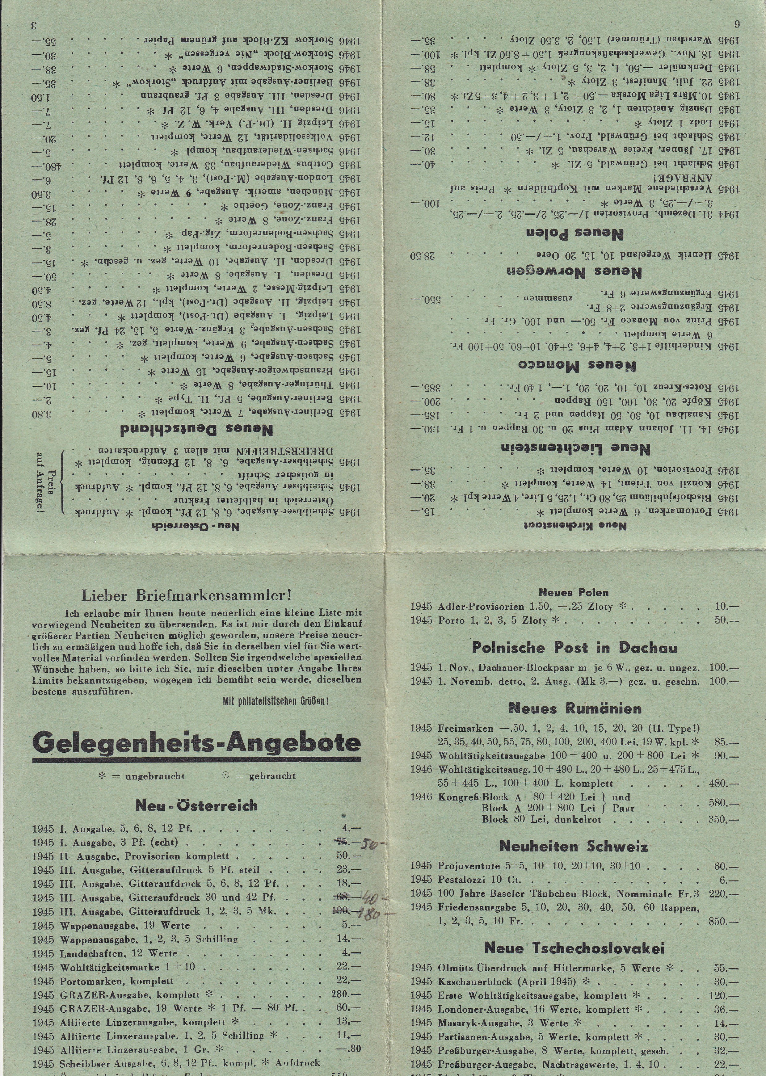 IMG_20260604_0008 1946. SAEFEF-POST bélyeggyűjtői értesítő és árjegyzék. Bécs, 1946. május 9-i „Österreich grüßt die Exportmusterschau” reklámbélyegzéssel, osztrák 3 schillinges bérmentesítéssel és katonai cenzúrabélyegzővel. A borító grafikáját az osztrák 12 groschenes síelő bélyeg felnagyított ábrázolása díszíti. A melléklet több európai ország 1945–1946. évi új bélyegkiadásainak árjegyzékét tartalmazza.