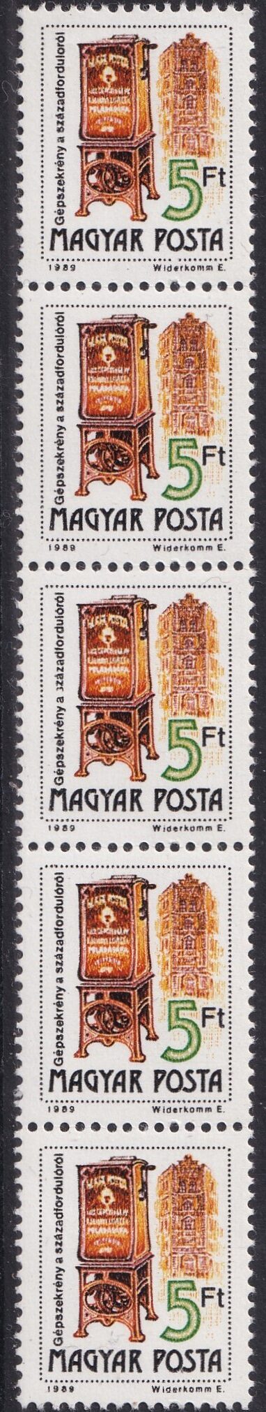 IMG_20260604_0018 1990. Postatörténet 5 Ft tekercsbélyeg 5 db-os csík, hátoldali számozási szedési hibával („025” – három számjegy a szokásos négy helyett)