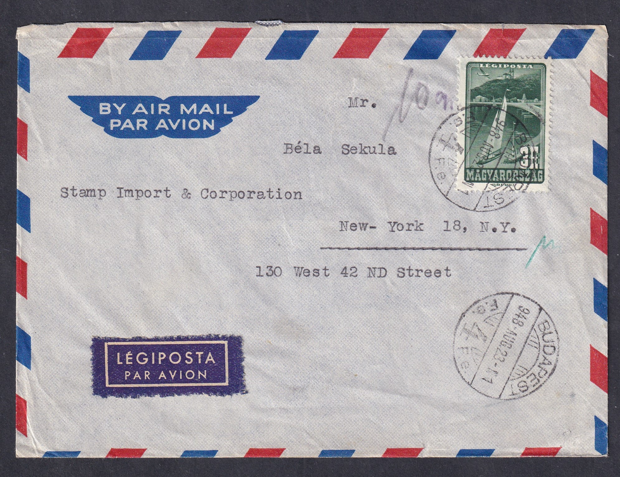 1948. Budapest (kivésett bélyegzéssel), New-York-ba feladott légiposta levél - (egyes bérmentesítés '47 Repülő bélyeggel)
