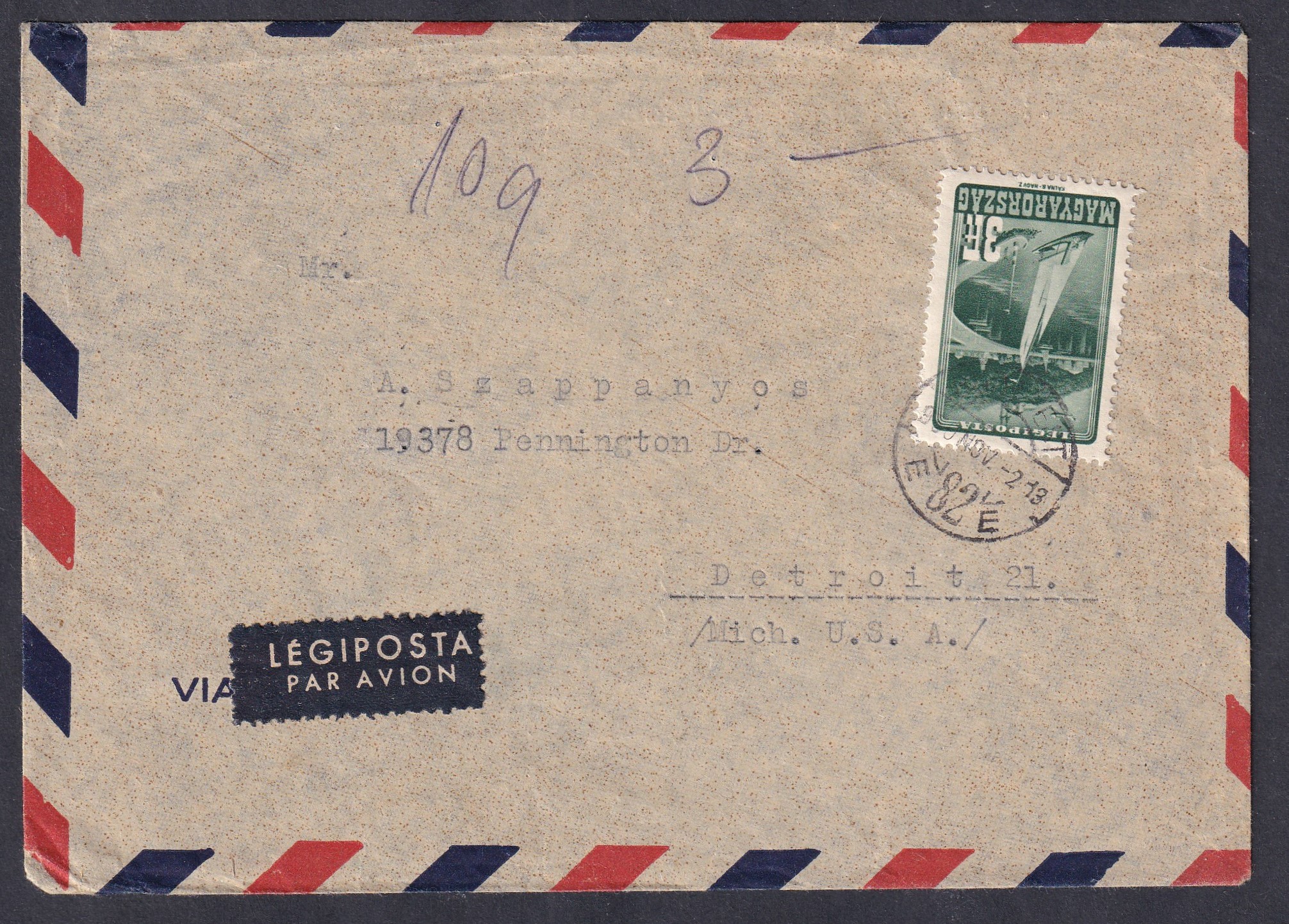 1948. Budapest, Detroit-ba feladott légiposta levél – (egyes bérmentesítés ’47 Repülő bélyeggel)