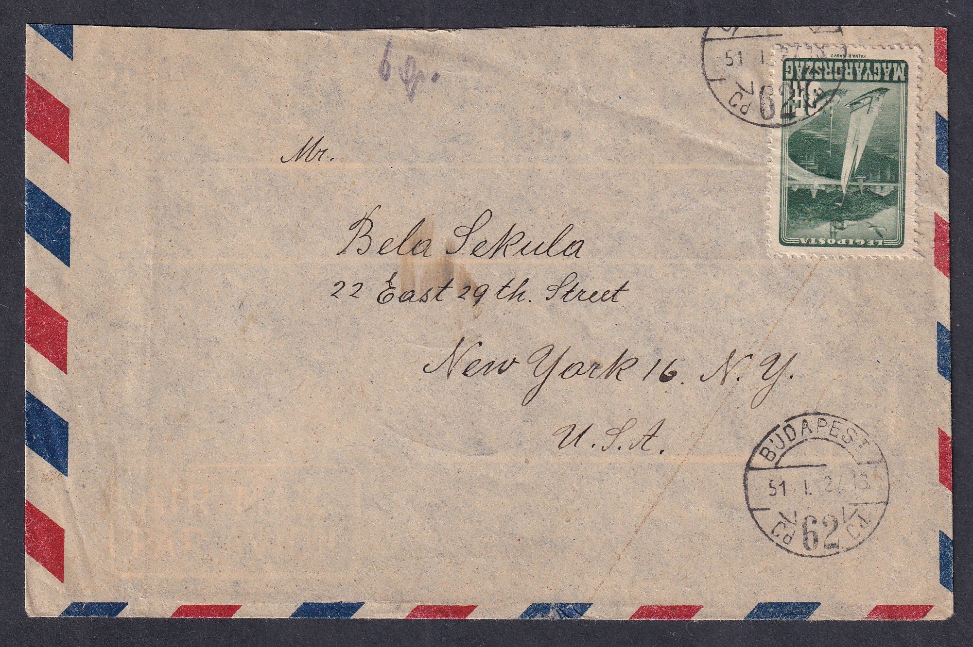 1948. Budapest, New-Yorkba feladott légiposta levél – (egyes bérmentesítés ’47 Repülő bélyeggel)