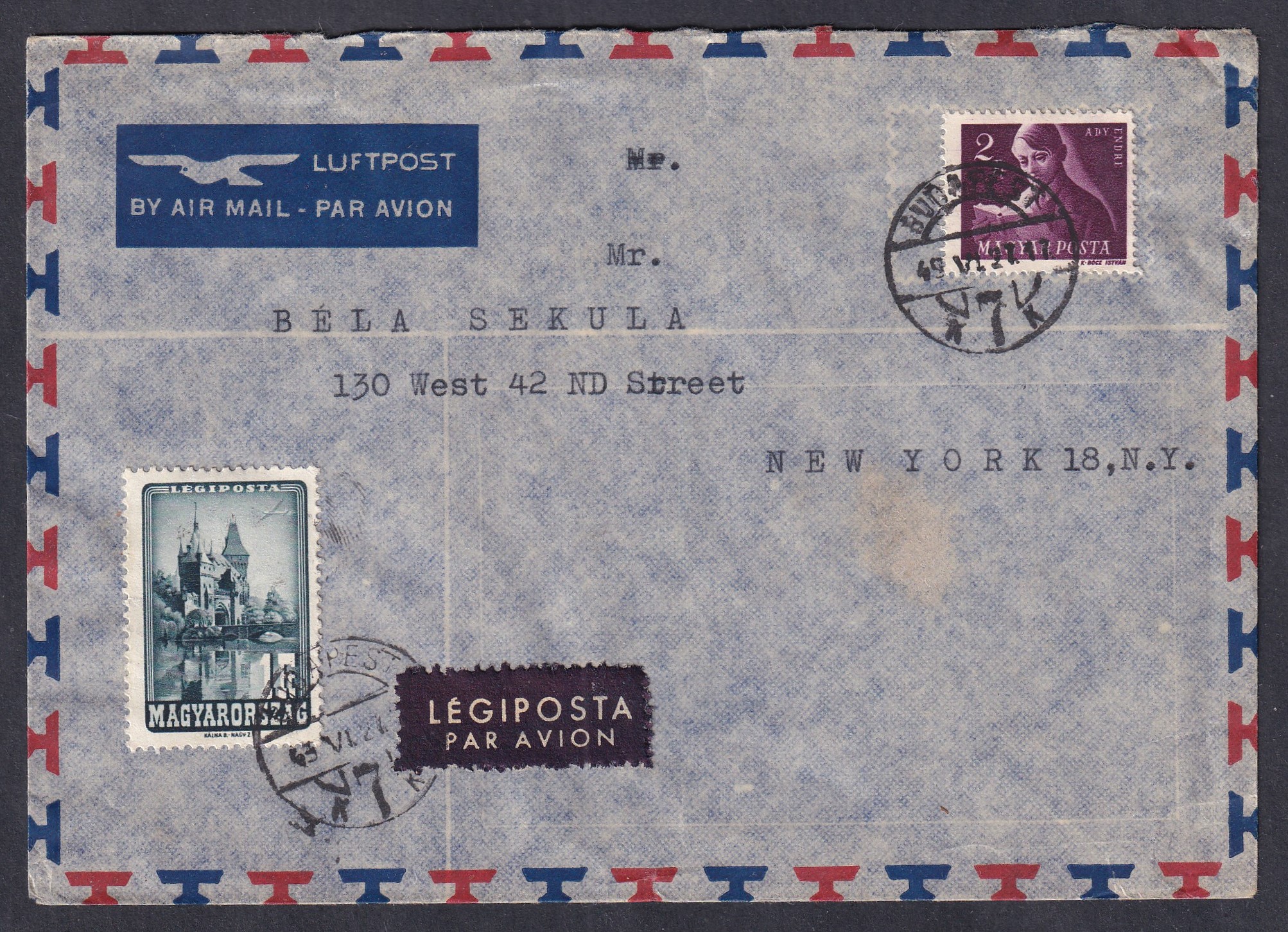 1948. Budapest, New-Yorkba feladott légiposta levél