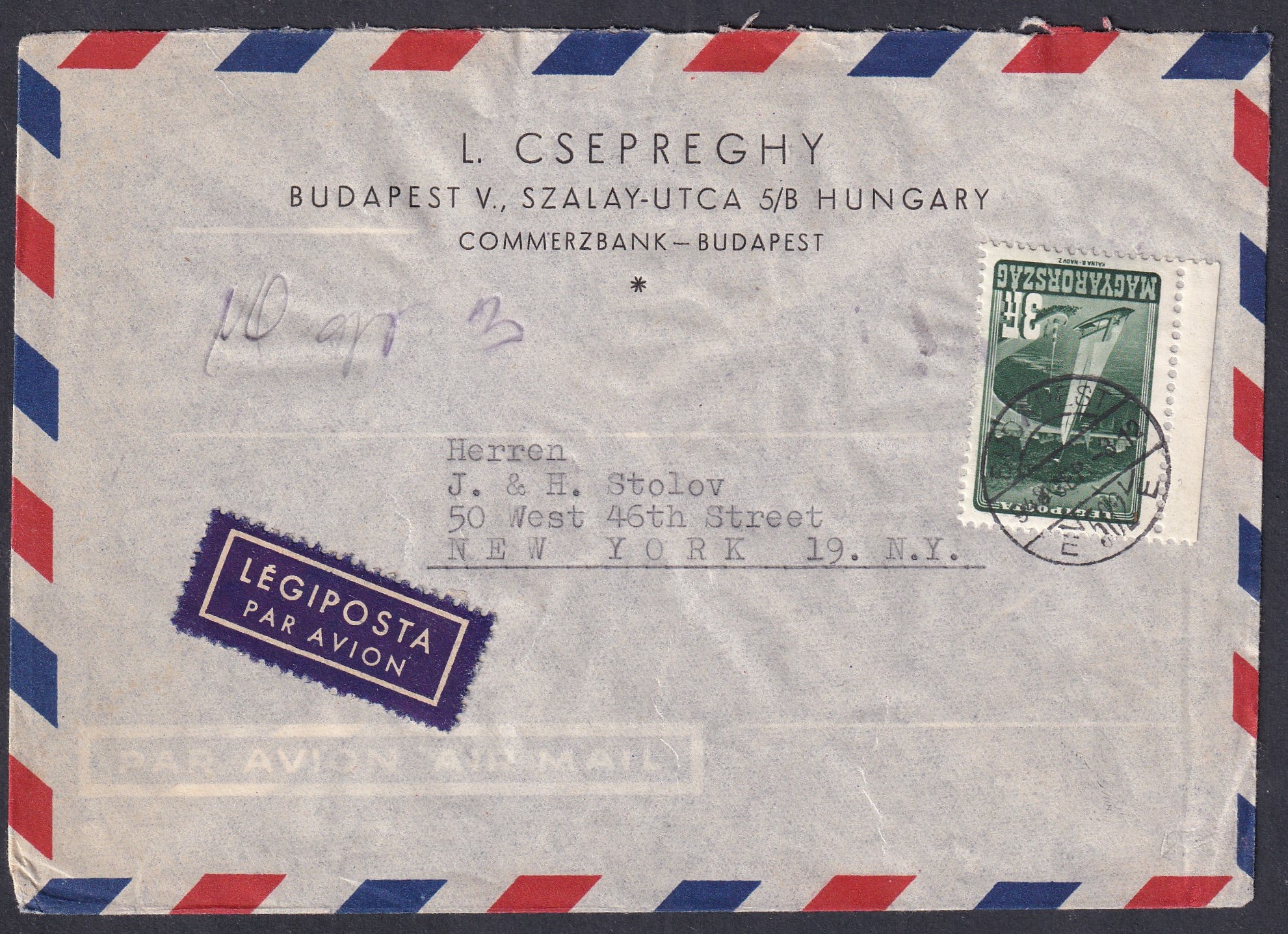 1948. Budapest, New-Yorkba feladott légiposta levél – (egyes bérmentesítés ’47 Repülő bélyeggel)