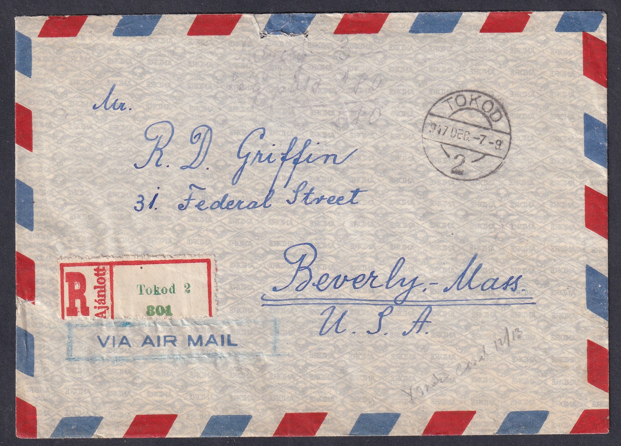 1947. Tokod, Beverly (Massachusetts) (USA)-ba feladott ajánlott-légiposta levél