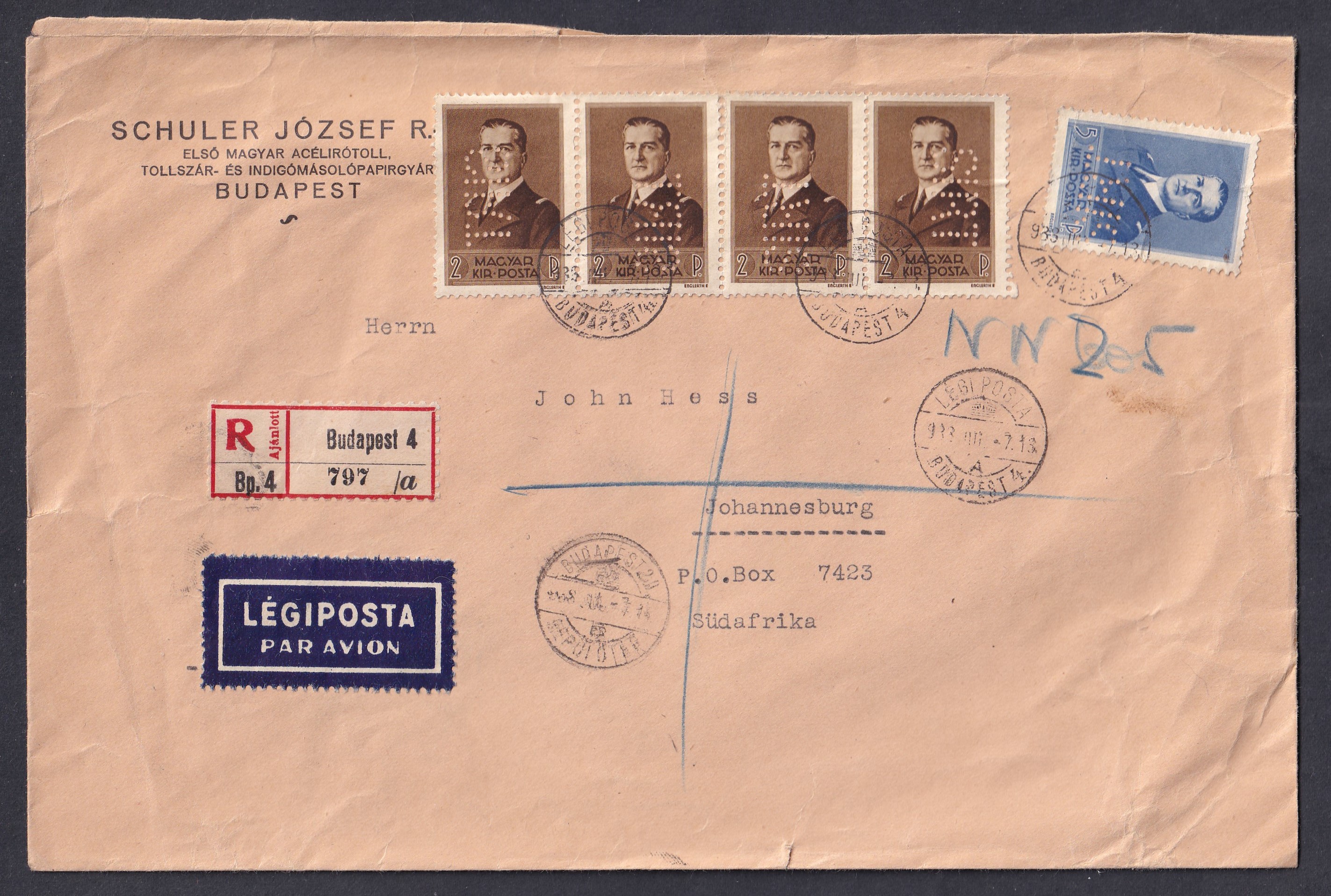 1933. Budapest–Johannesburg (Dél-afrikai Unió) ajánlott légiposta levél, a bélyegek „SIRT” céglyukasztással, köztük 5 pengős címlettel. Ritka légipostai és céglyukasztásos postatörténeti darab.
