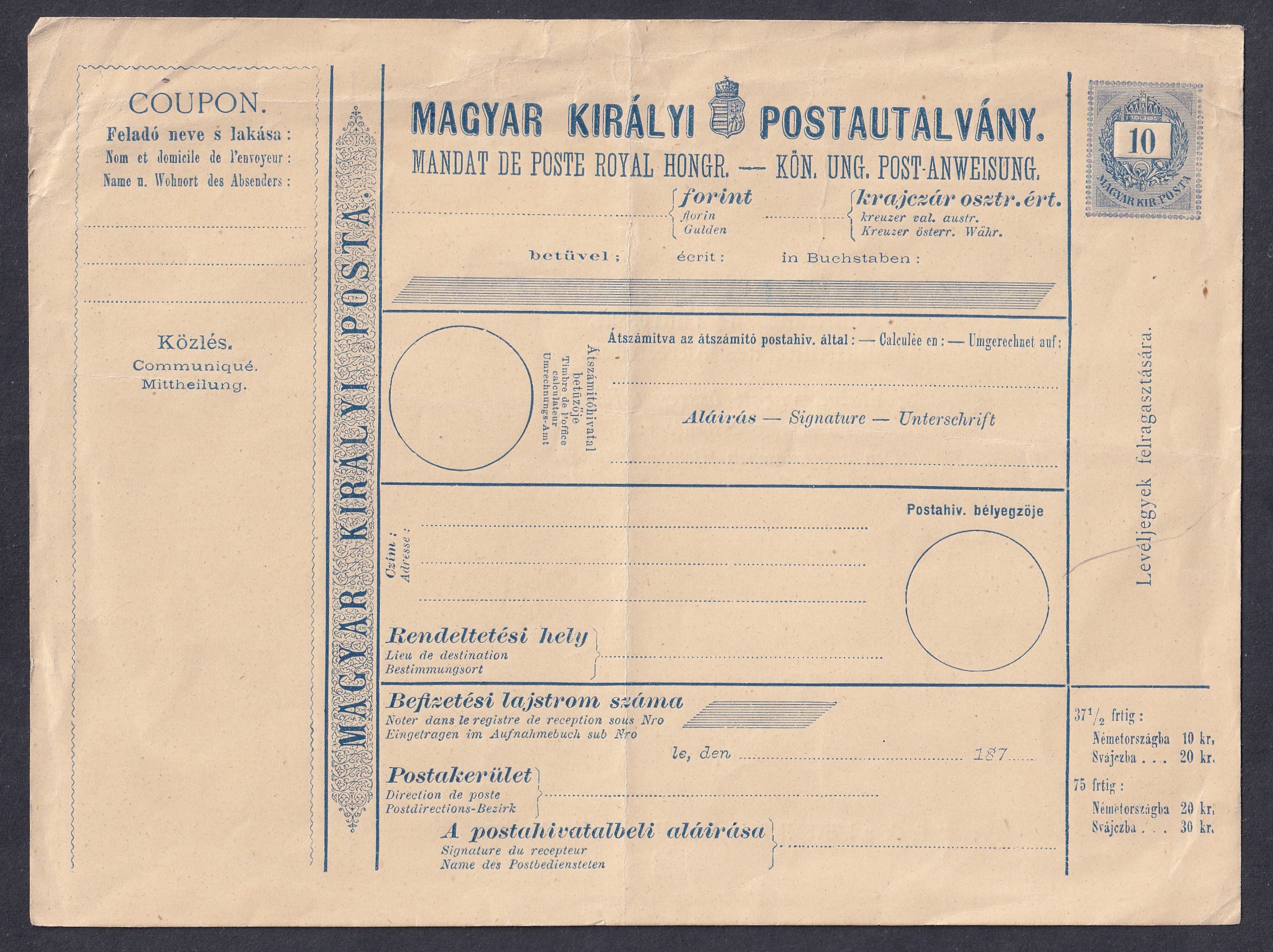 IMG_20260608_0026 1874. 5kr kék színű, magyar-francia-német nyelvű használatlan Nemzetközi-postautalvány