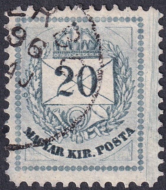 IMG_20260616_0004 1881. 20kr – szélesebbre fogazott bélyeg, a bélyegközben az ívközéprész forrasztásnyoma!