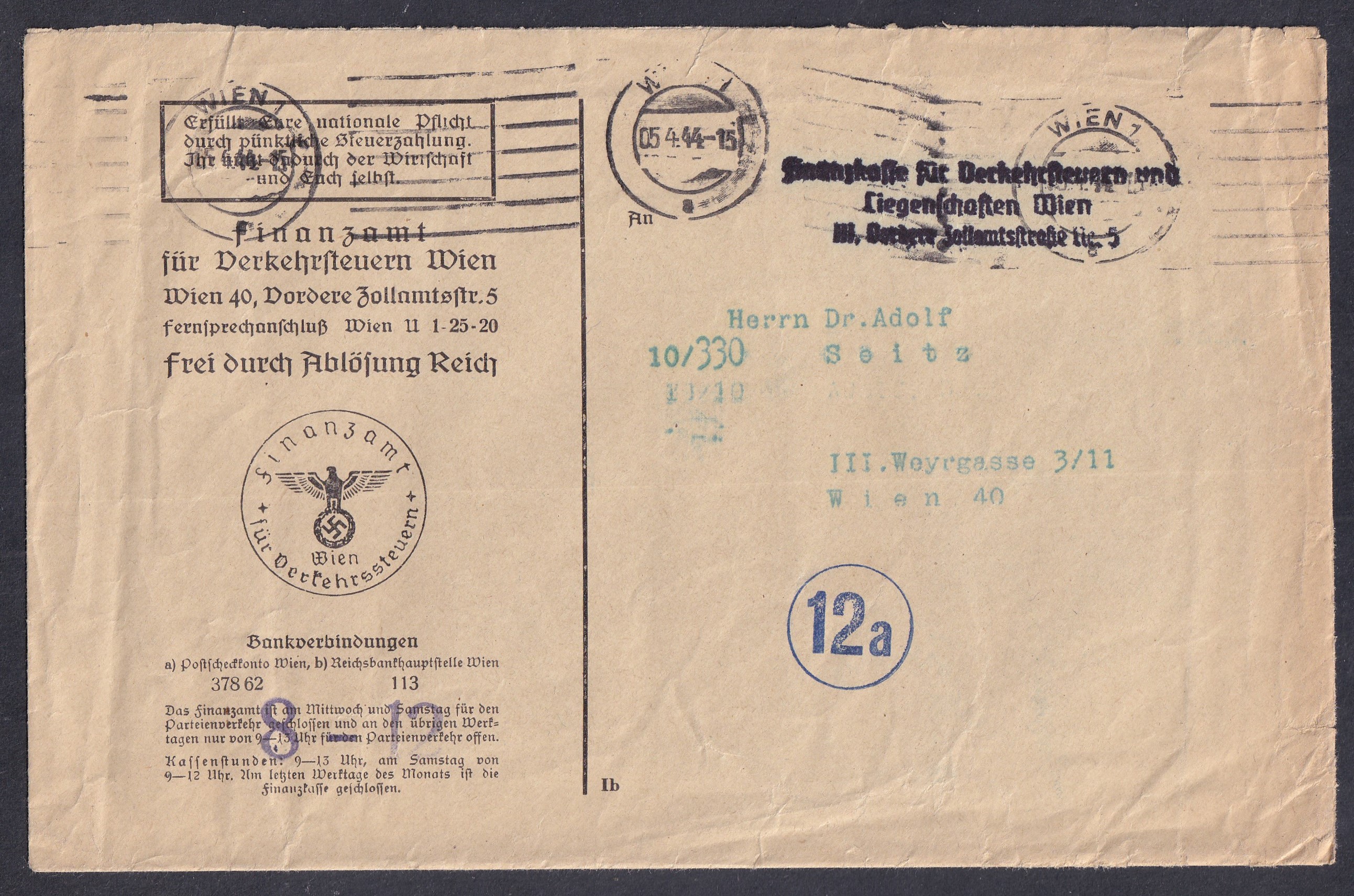 1944. Bécs. Közlekedési Adóhivatal (Finanzamt für Verkehrssteuern Wien) portómentes boríték