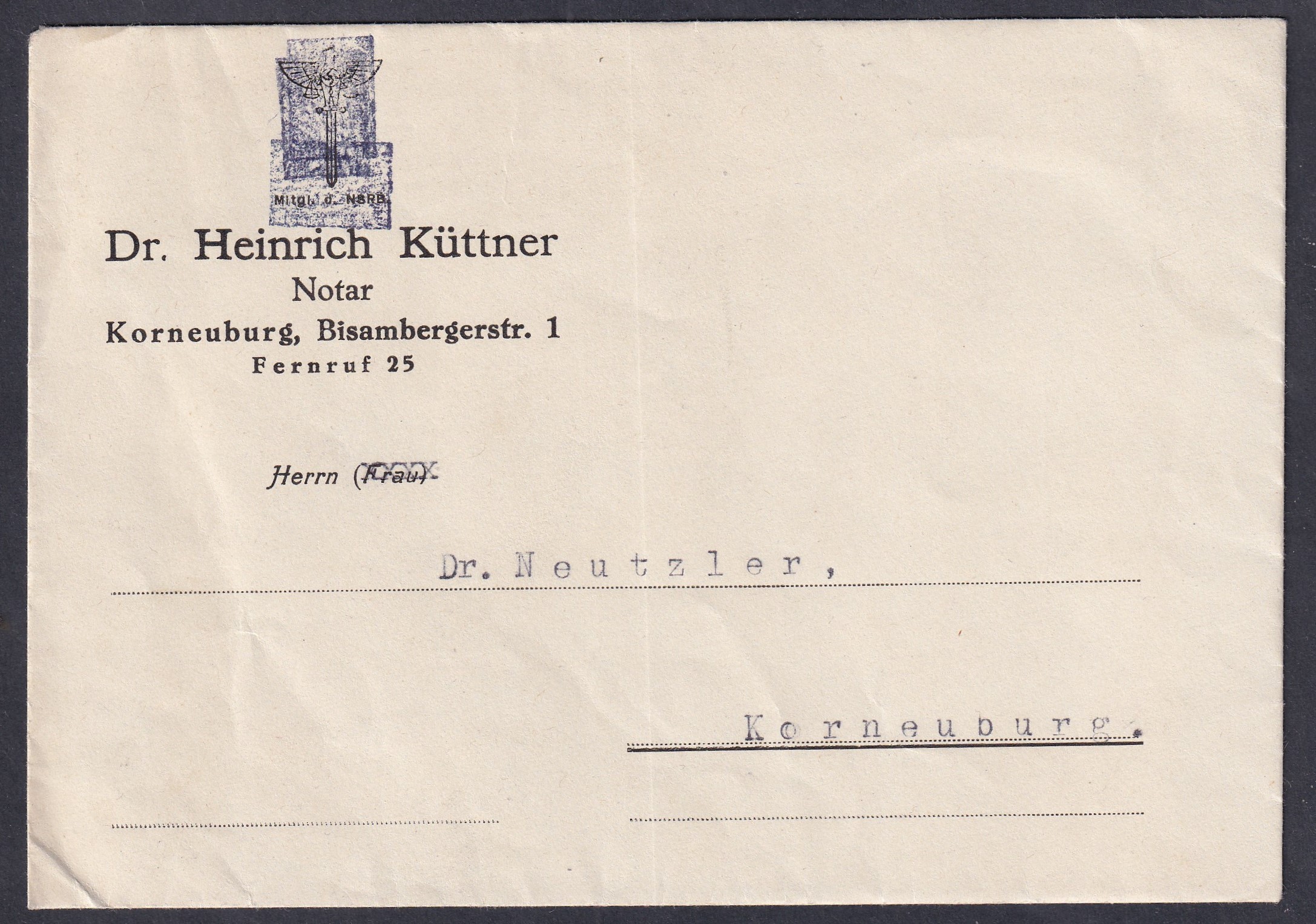 1945. november 27.  Korneuburg. Dr. Heinrich Küttner közjegyző (Notar) borítéka, kitakart-NSRB jelvénnyel. tartalommal