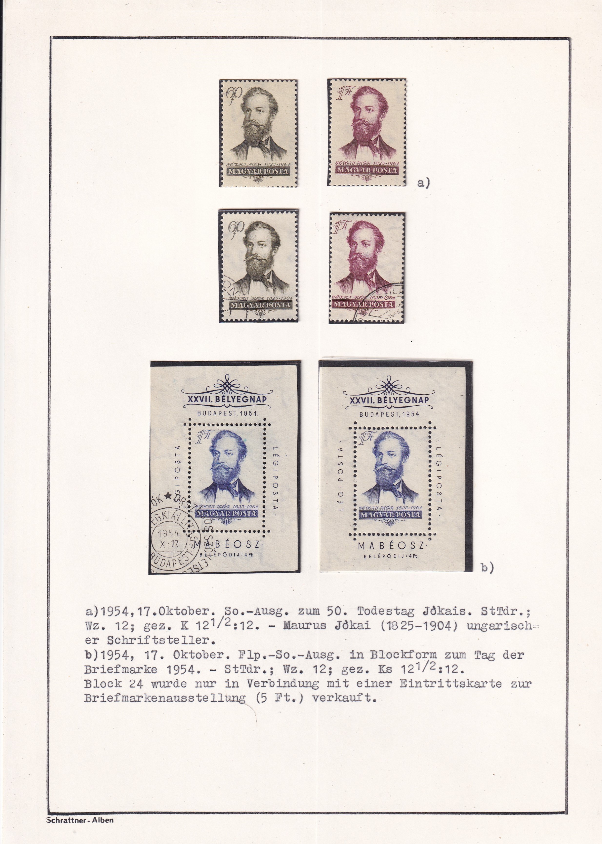 1954. Jókai Mór – XXVIII. Bélyegnap postatiszta  és használt sor+blokk kiállítási lapon
