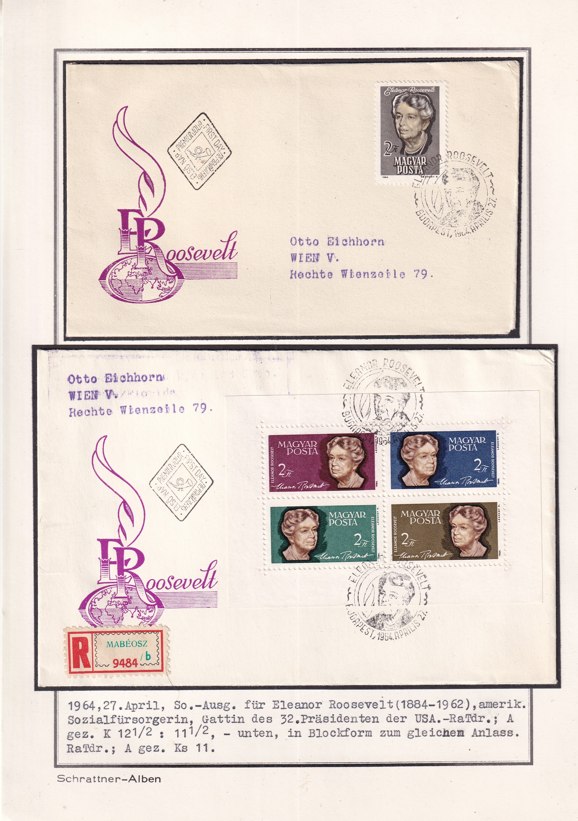 IMG_20260624_0020 1964. Eleanor Roosevelt bélyeg és blokk FDC kiállítási lapon