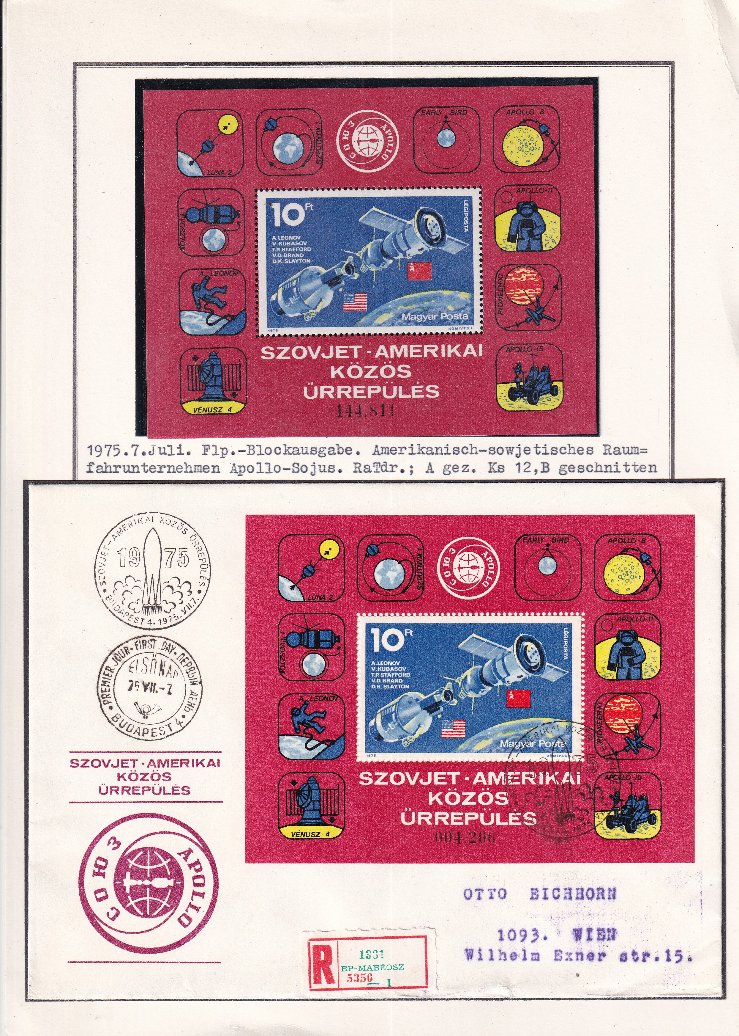 Űrkutatás blokkok FDC-k kiállítási lapon