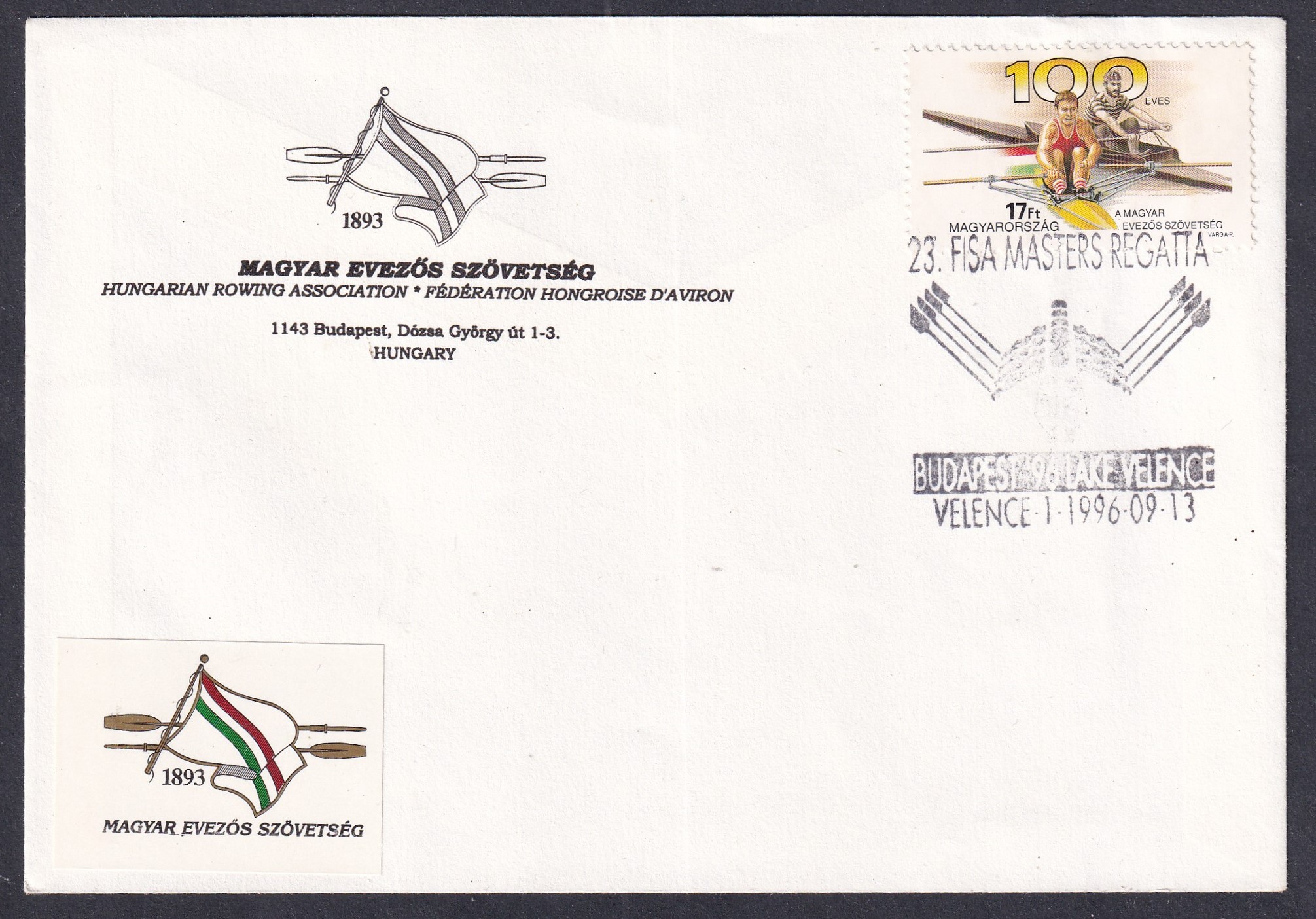 1996. A Velencei-tavon, Sukorón megrendezett World Rowing Masters Regatta (FISA Masters Regatta) alkalmi borítéka.
