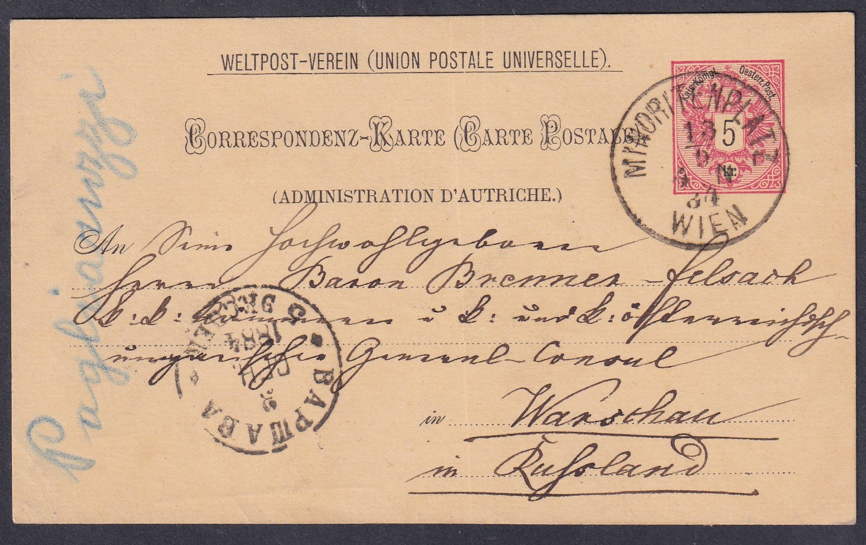 1881. Bécs, Warschau (Varsó), Orosz-Lengyelország -ba feladott levelezőlap