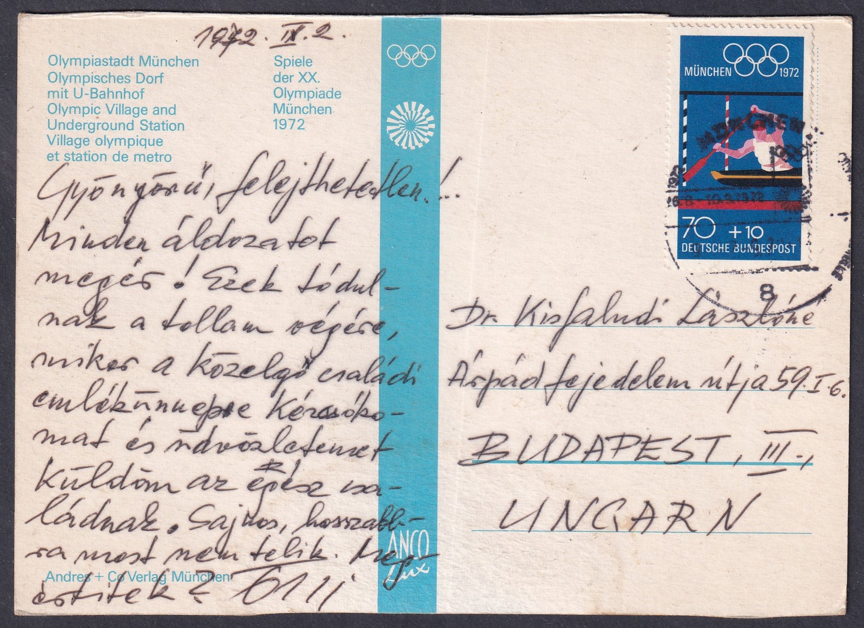 Budapestre feladott 1972-es müncheni olimpiai képeslap