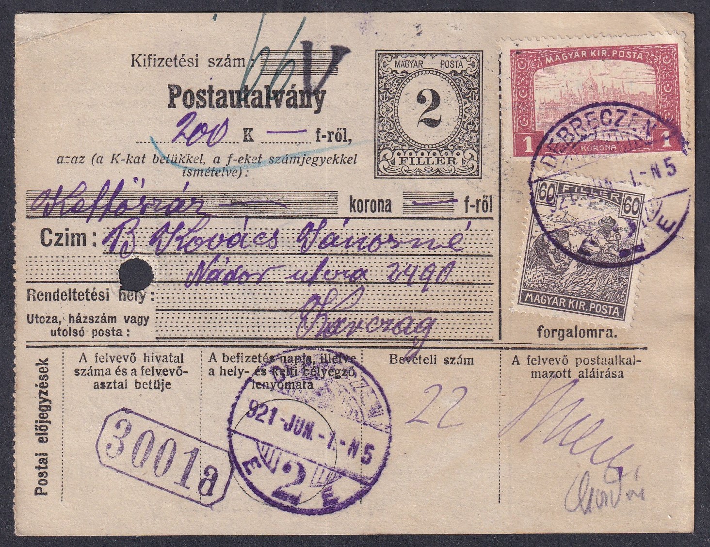 IMG_20260625_0019.1 1921. Debreczen, Karczagra feladott utalvány