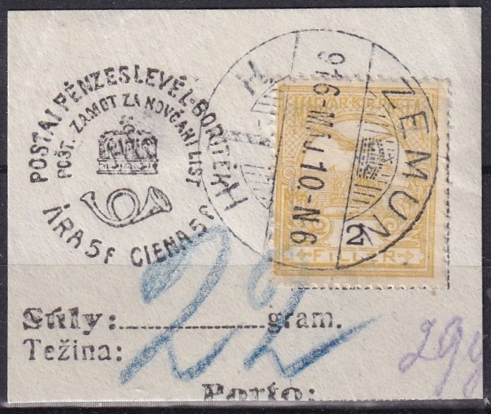 1916. magyar-horvát pénzeslevél díjjegykivágás - Zemun - ritka