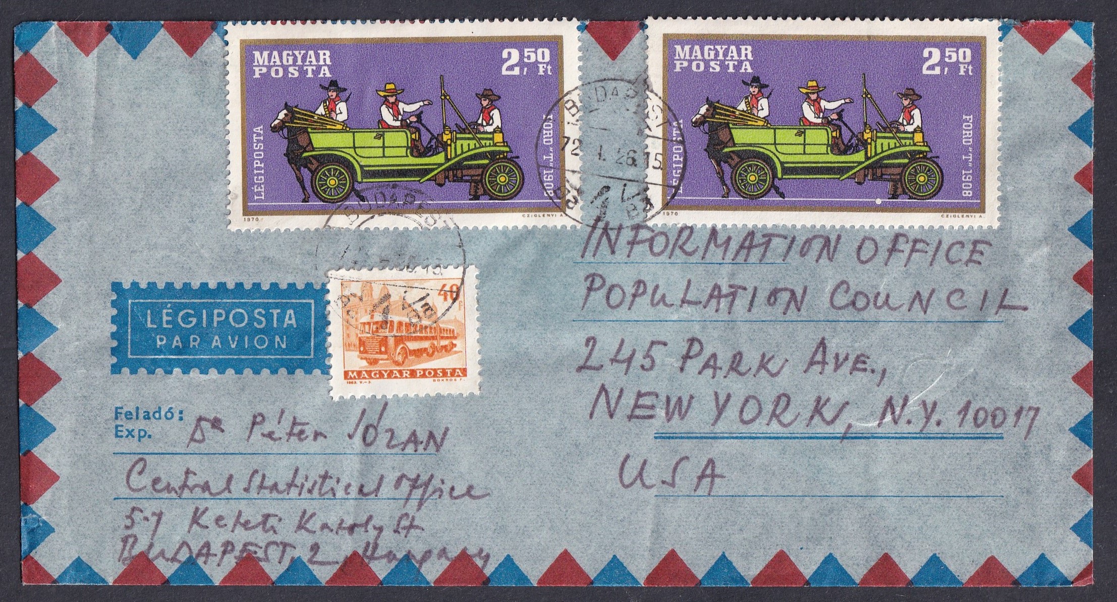 1972. Légipostai levél Budapestről New Yorkba – a Központi Statisztikai Hivatal küldeménye az ENSZ Népesedési Tanácsához (Population Council).