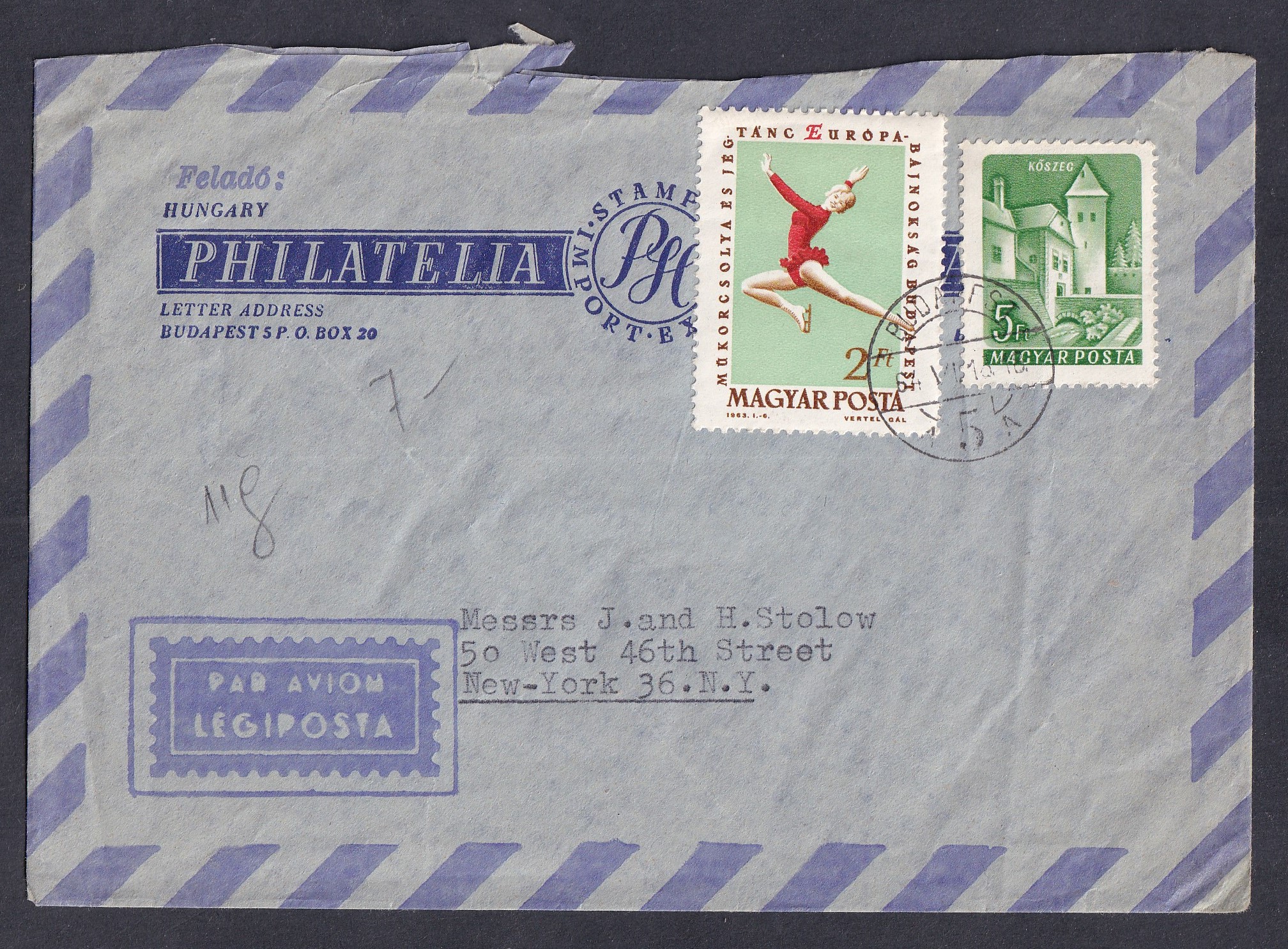 1964. PHILATELIA Budapest – légipostai levél New Yorkba (J. & H. Stolow bélyegkereskedő cég részére), 7 Ft-os bérmentesítéssel.