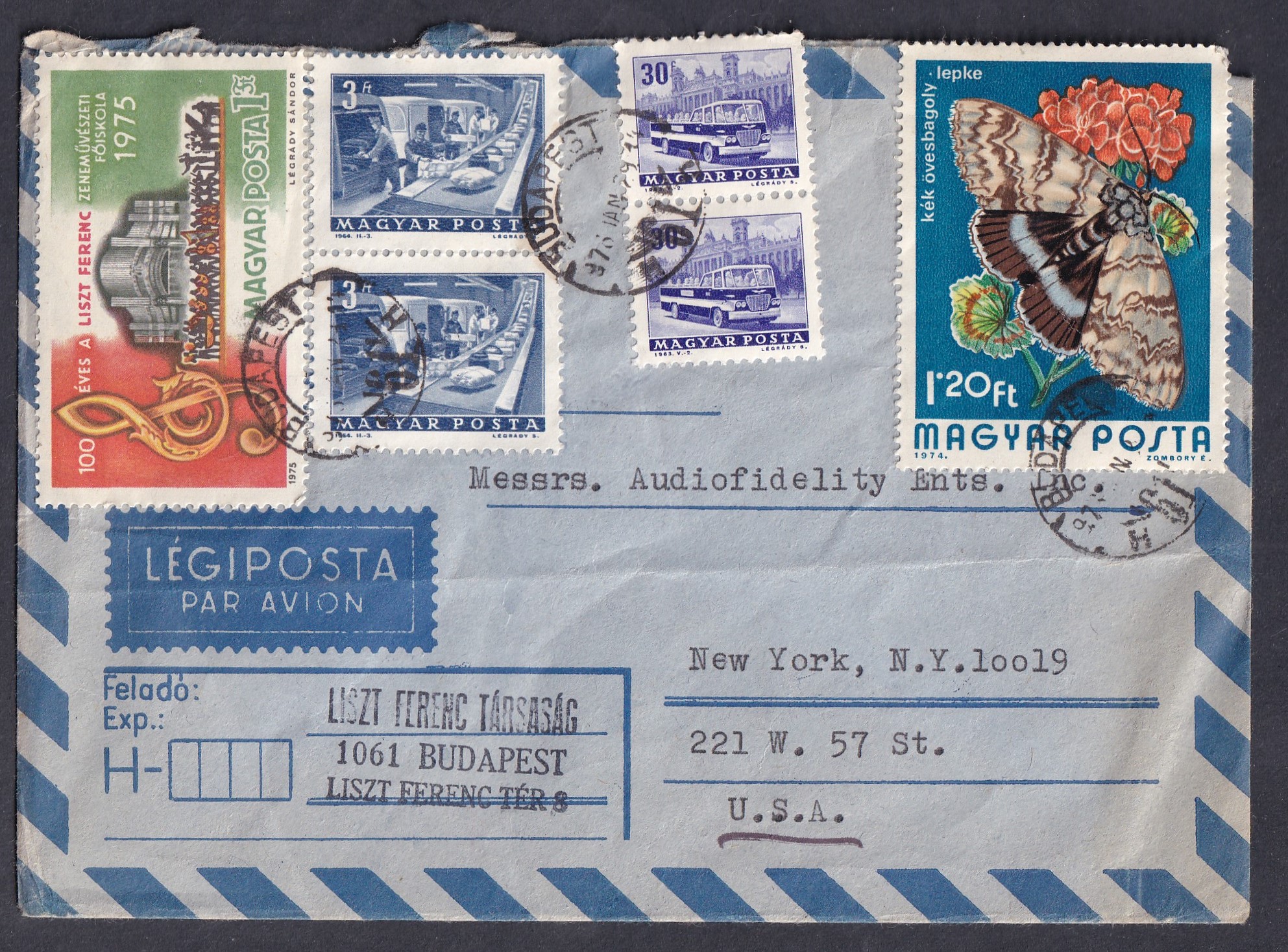 1976. Légipostai levél Budapestről New Yorkba – a Liszt Ferenc Társaság küldeménye az Audiofidelity Enterprises Inc. (hanglemez kiadó) részére.
