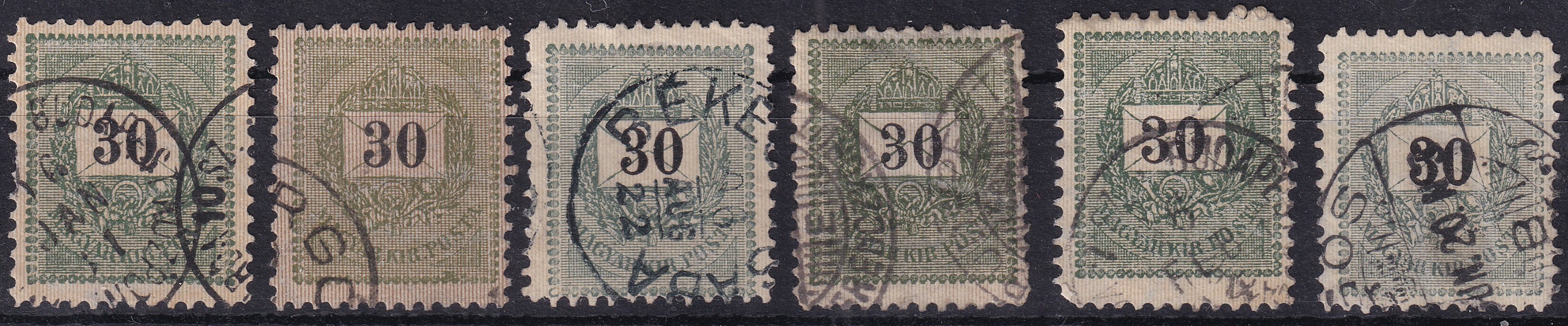 1889. Feketeszámú 30 kr színárnyalatok