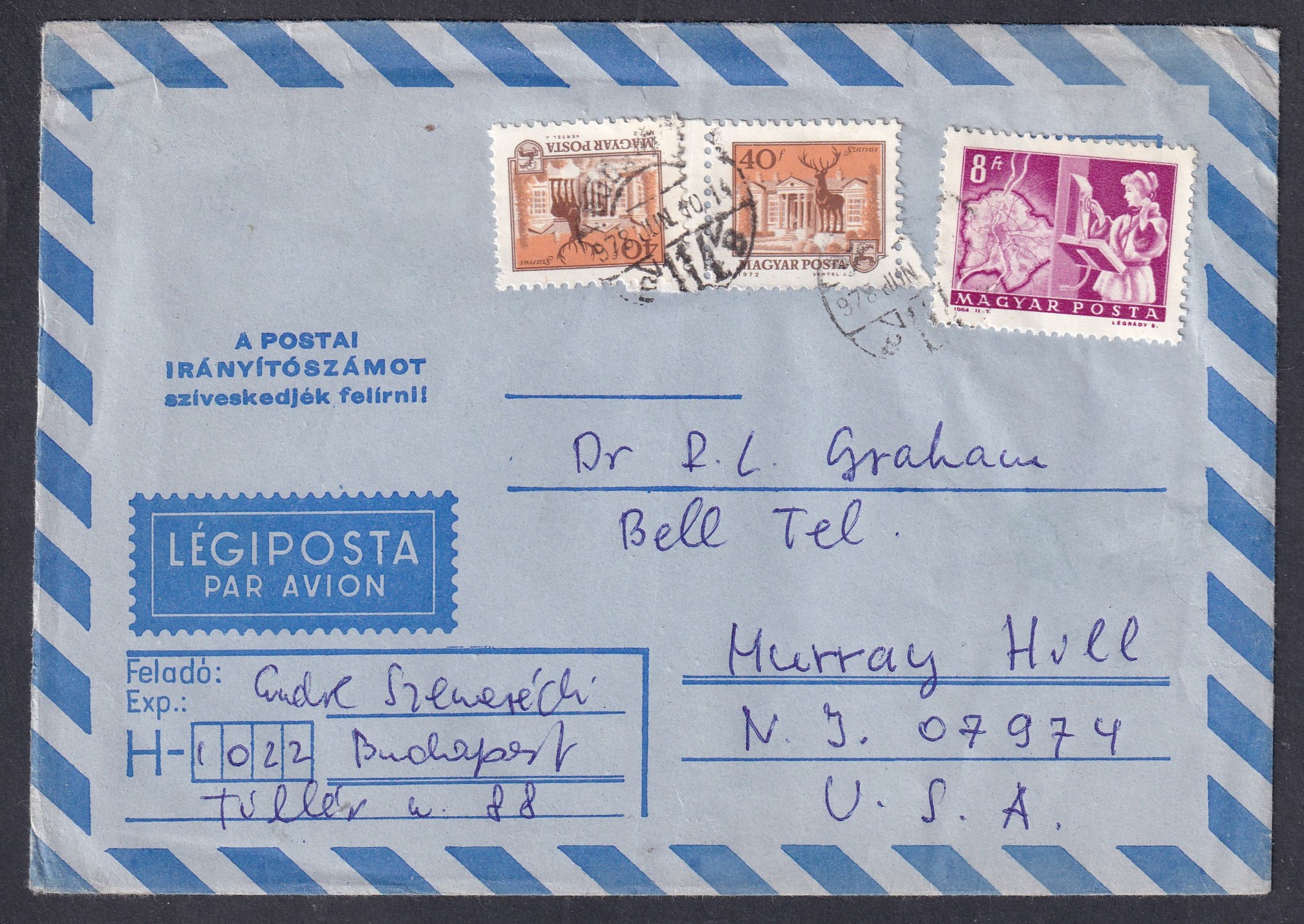 1977. Budapest, New York (USA)-ba feladott légiposta levél