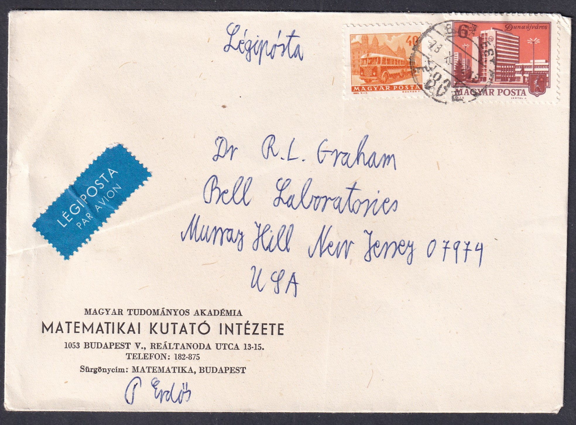 1973. Budapest, New Jersey (USA)-ba feladott légiposta levél