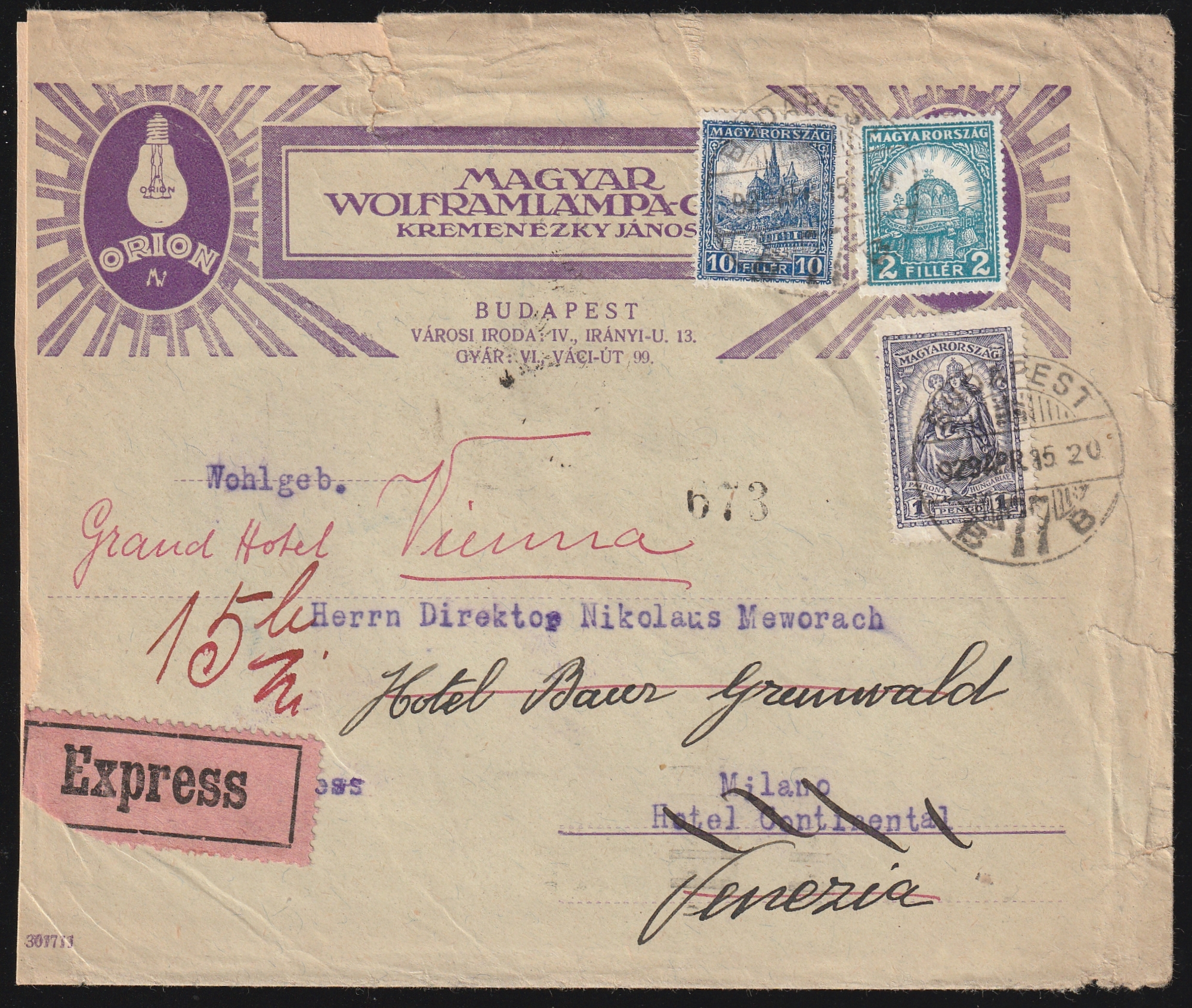 1929. Budapest–Milánó expressz levél, Velencébe továbbküldve. Ritka, ajánlás nélküli expressz küldemény!